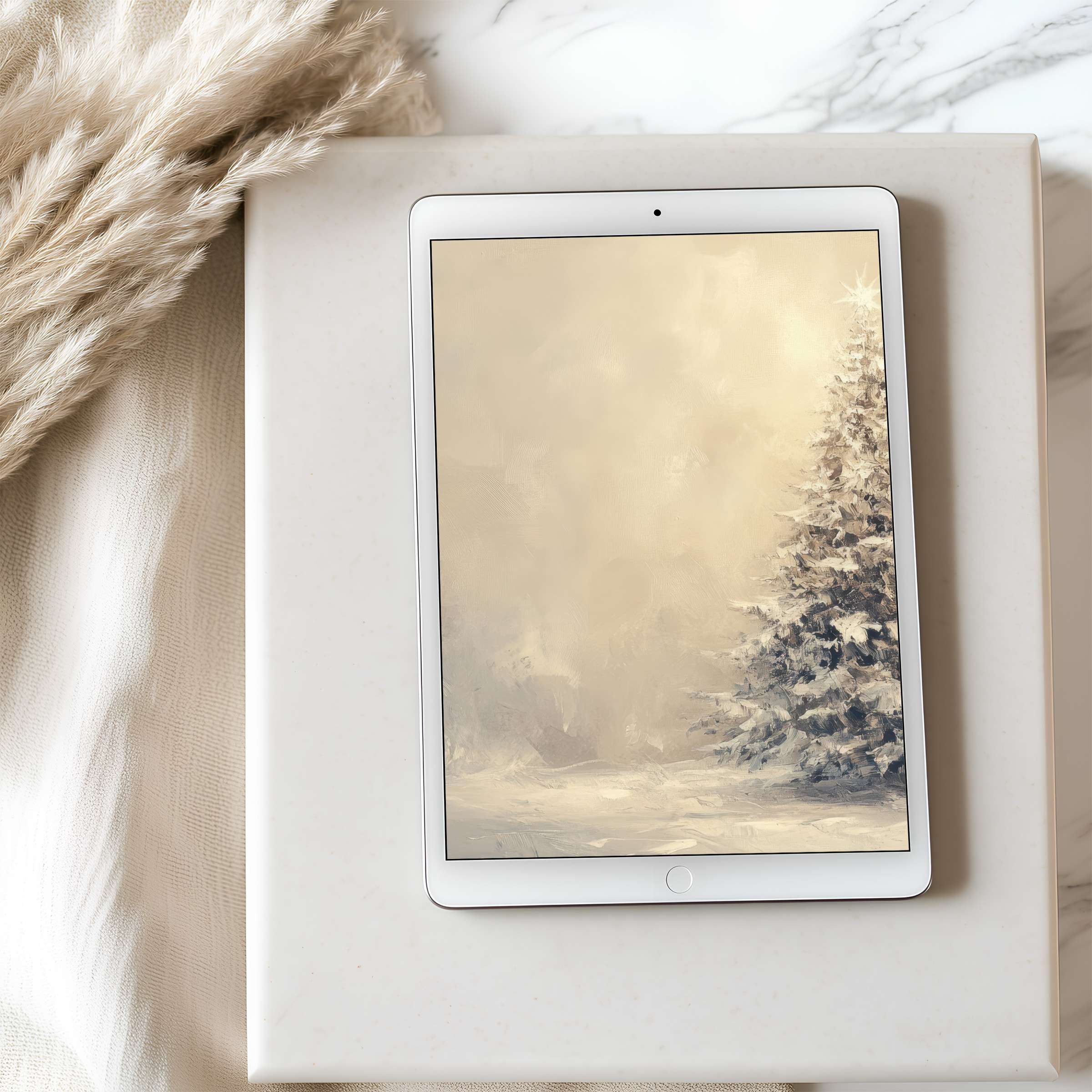 Elegant tablet wallpaper featuring a serene snowy landscape with a frosted tree, perfect for iPad or Android download in high resolution