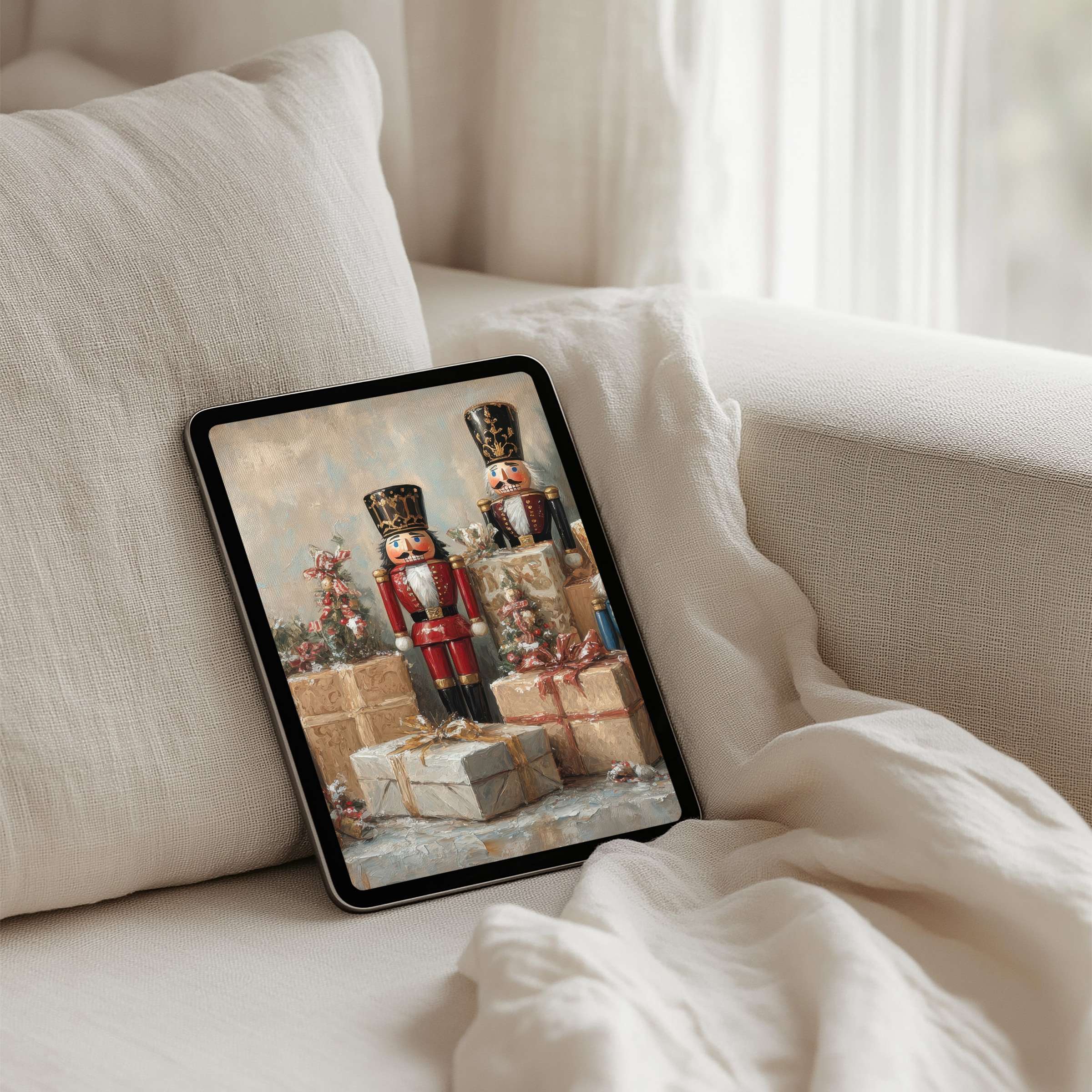 Elegant iPad background with nutcracker art for instant download, perfect for mindful inspiration on any tablet device