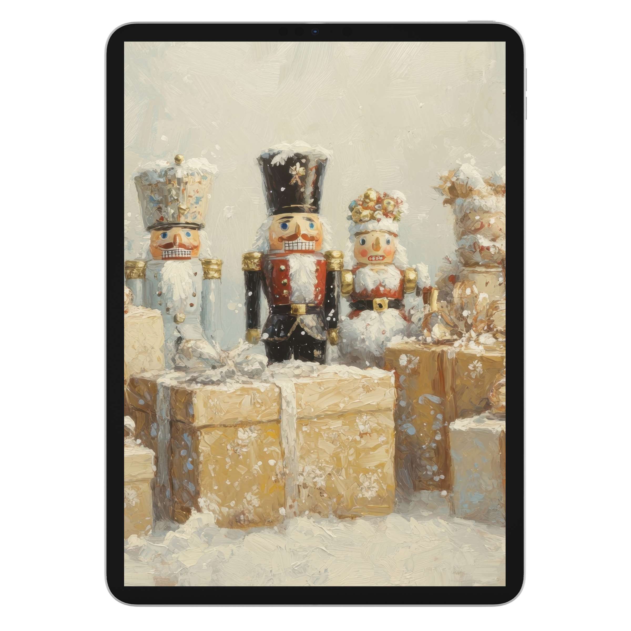 Elegant christmas iPad wallpaper featuring digital download with nutcracker theme, serene snow-covered gifts, ideal tablet background