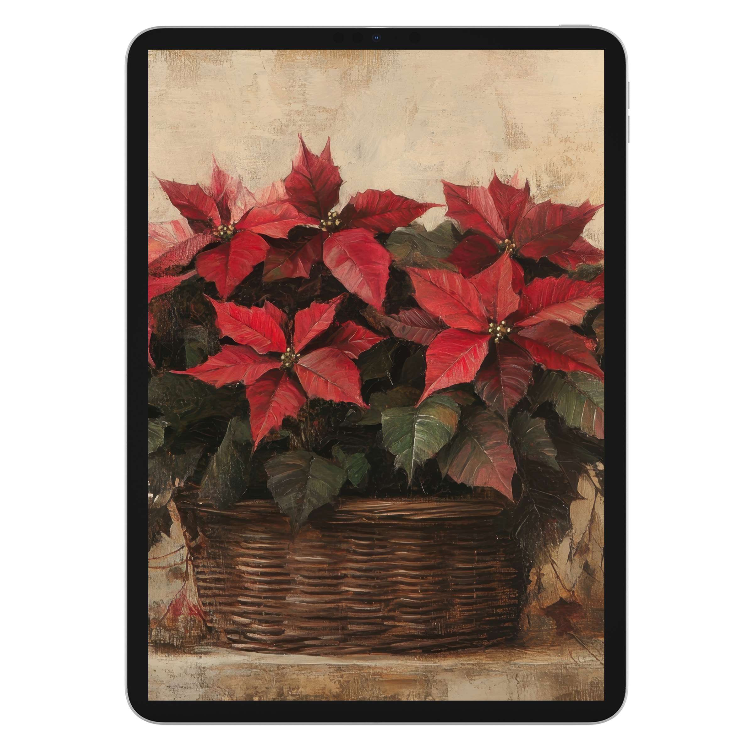 Red poinsettias in a woven basket create a warm, elegant christmas iPad wallpaper background, ideal digital download for any tablet