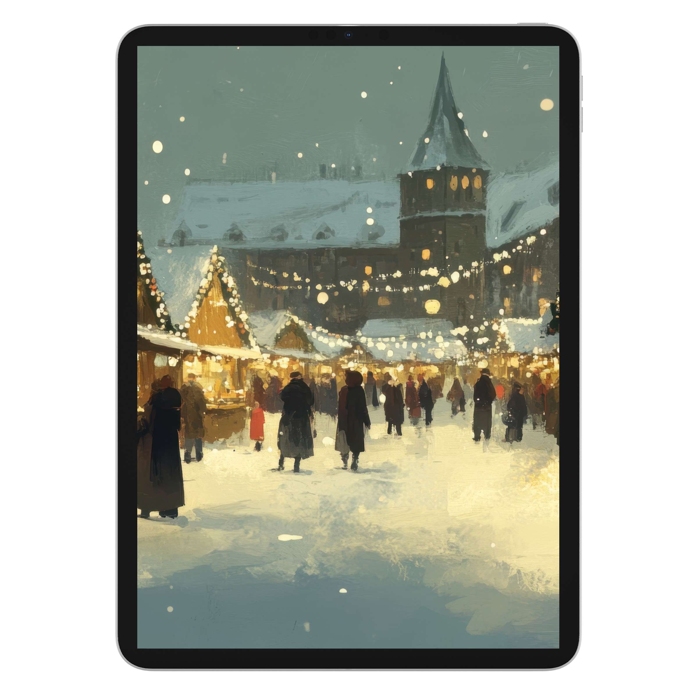 Snowy village scene christmas iPad wallpaper as elegant digital download for festive tablet background reflects serene holiday charm