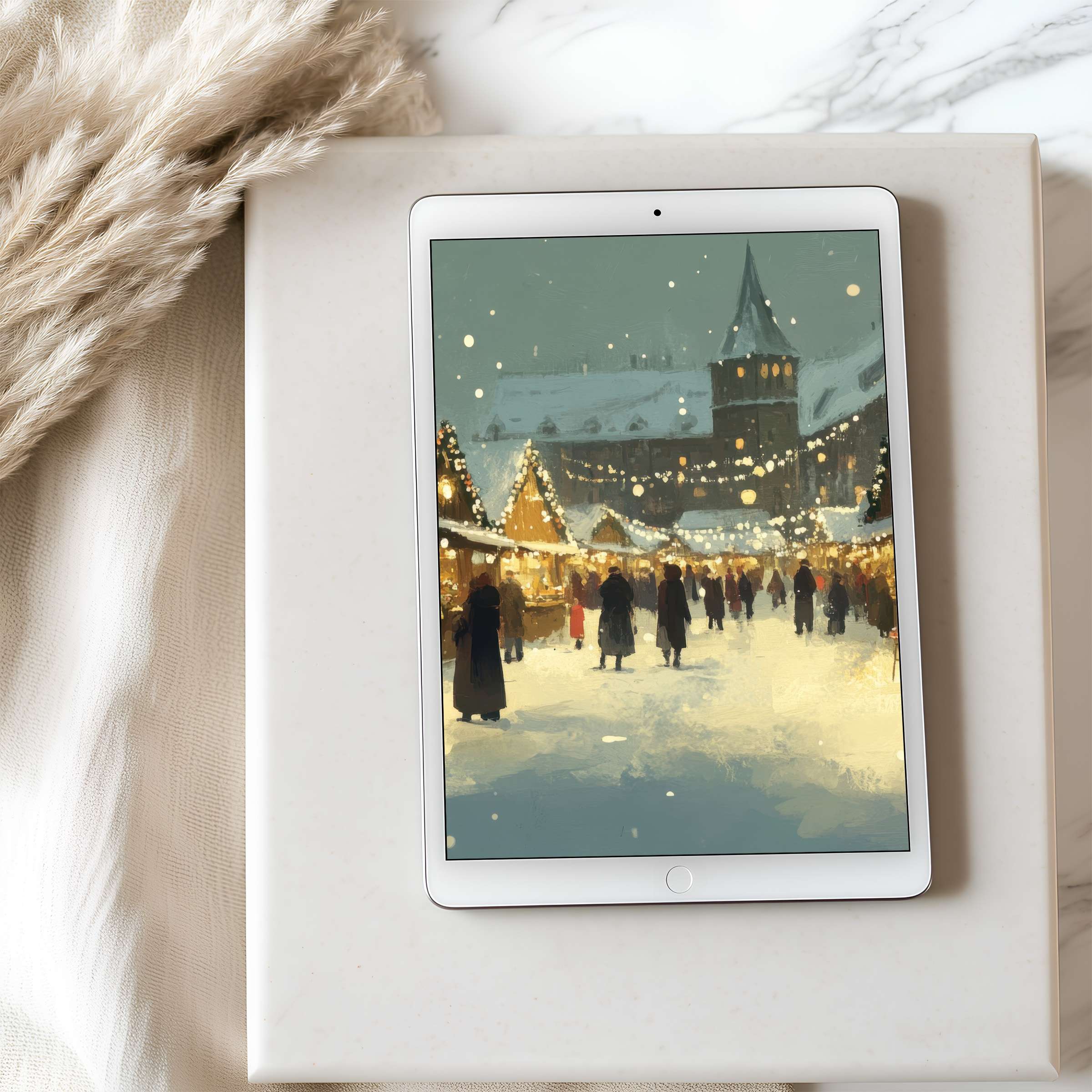 Elegant tablet wallpaper featuring a serene winter market scene, perfect for high-resolution iPad and Android devices, downloadable for a cozy ambiance