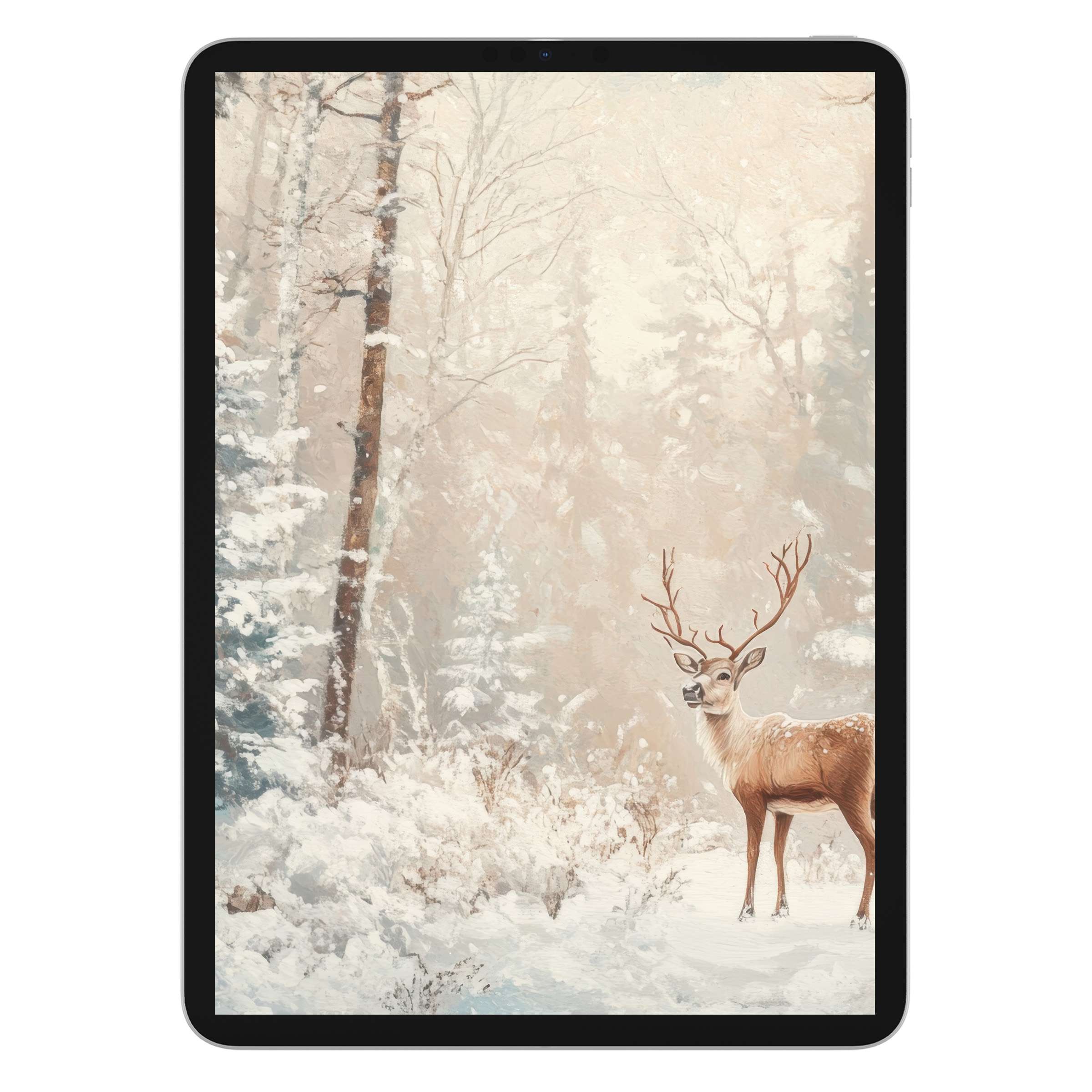 Enchanting christmas iPad wallpaper featuring a serene snow-covered forest and deer, ideal digital download for tablet backgrounds