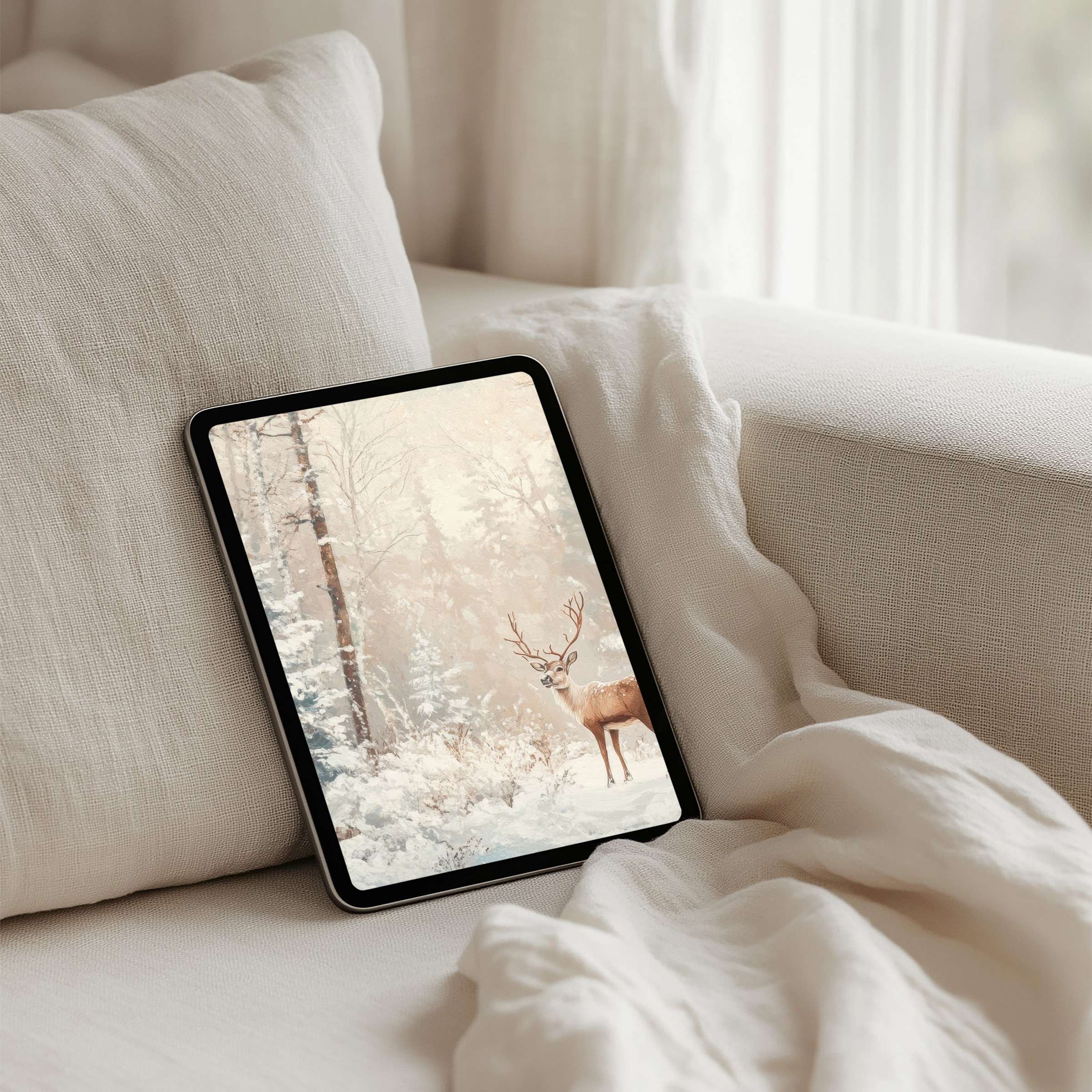 Elegant winter scene with a deer on iPad background, offering instant download for mindful tablet users seeking calm inspiration