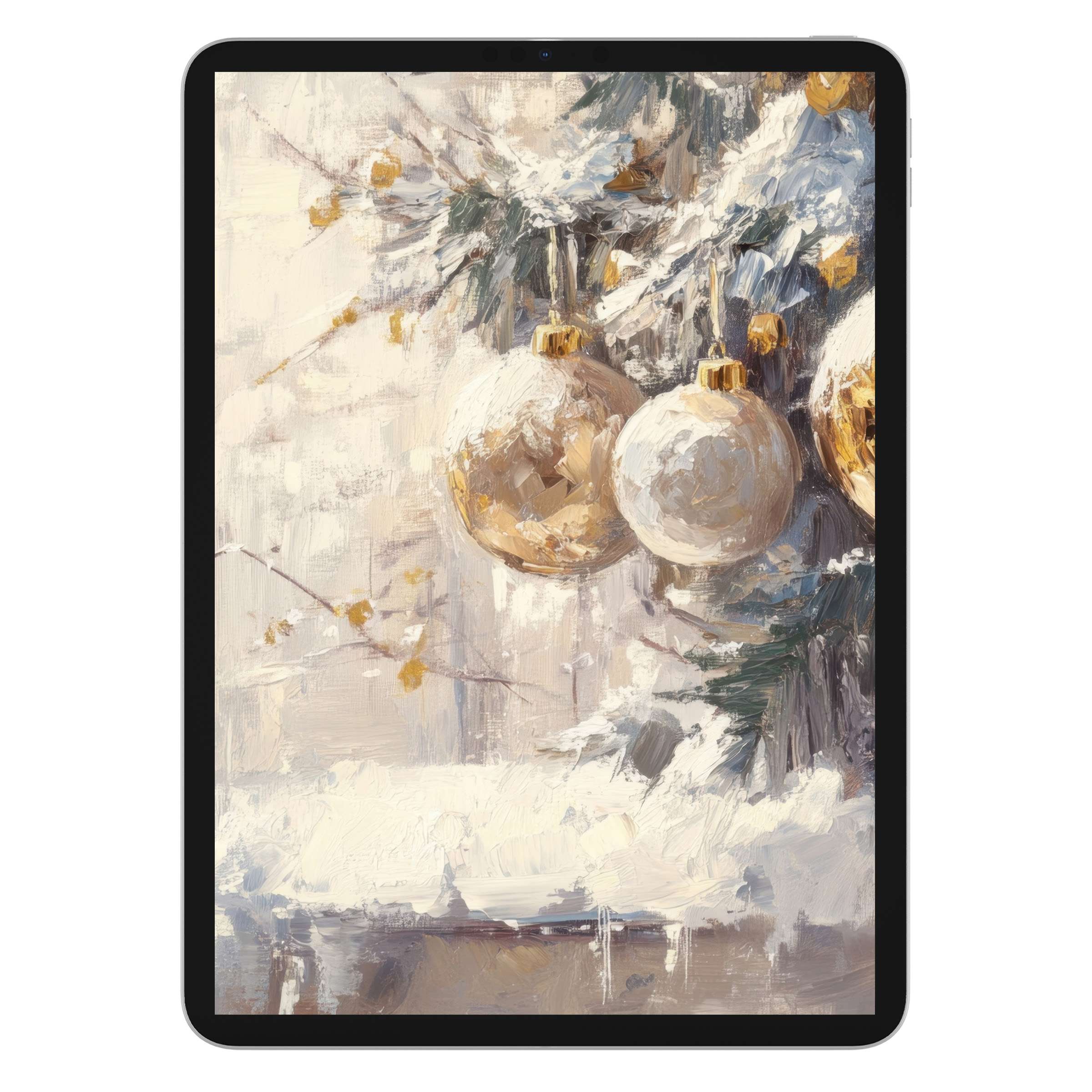 Elegant Christmas iPad wallpaper: snowy pine and golden baubles create a serene digital download background for any tablet display