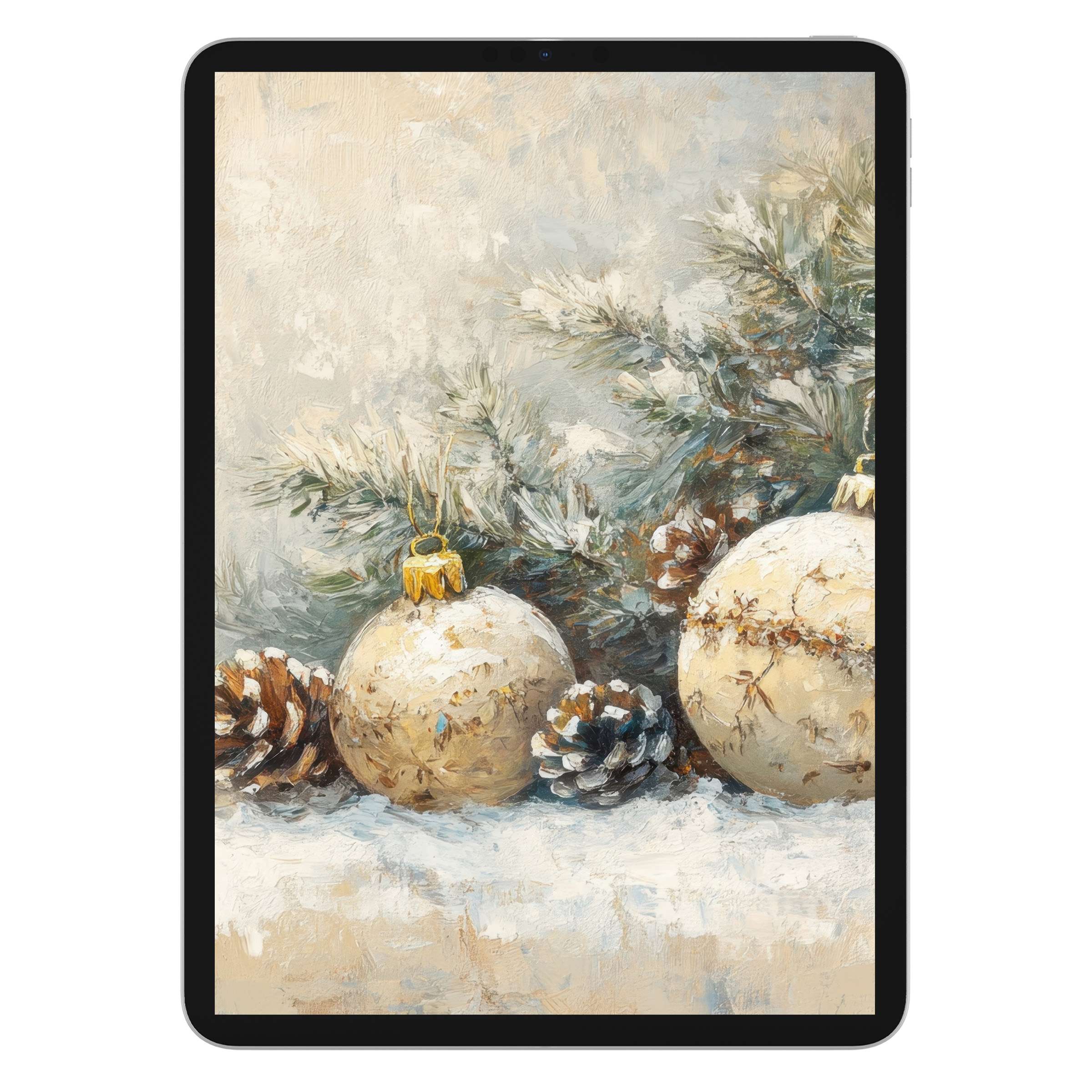Elegant christmas iPad wallpaper with serene snowy pinecones and ornate baubles for a calm, sustainable digital download background on tablets