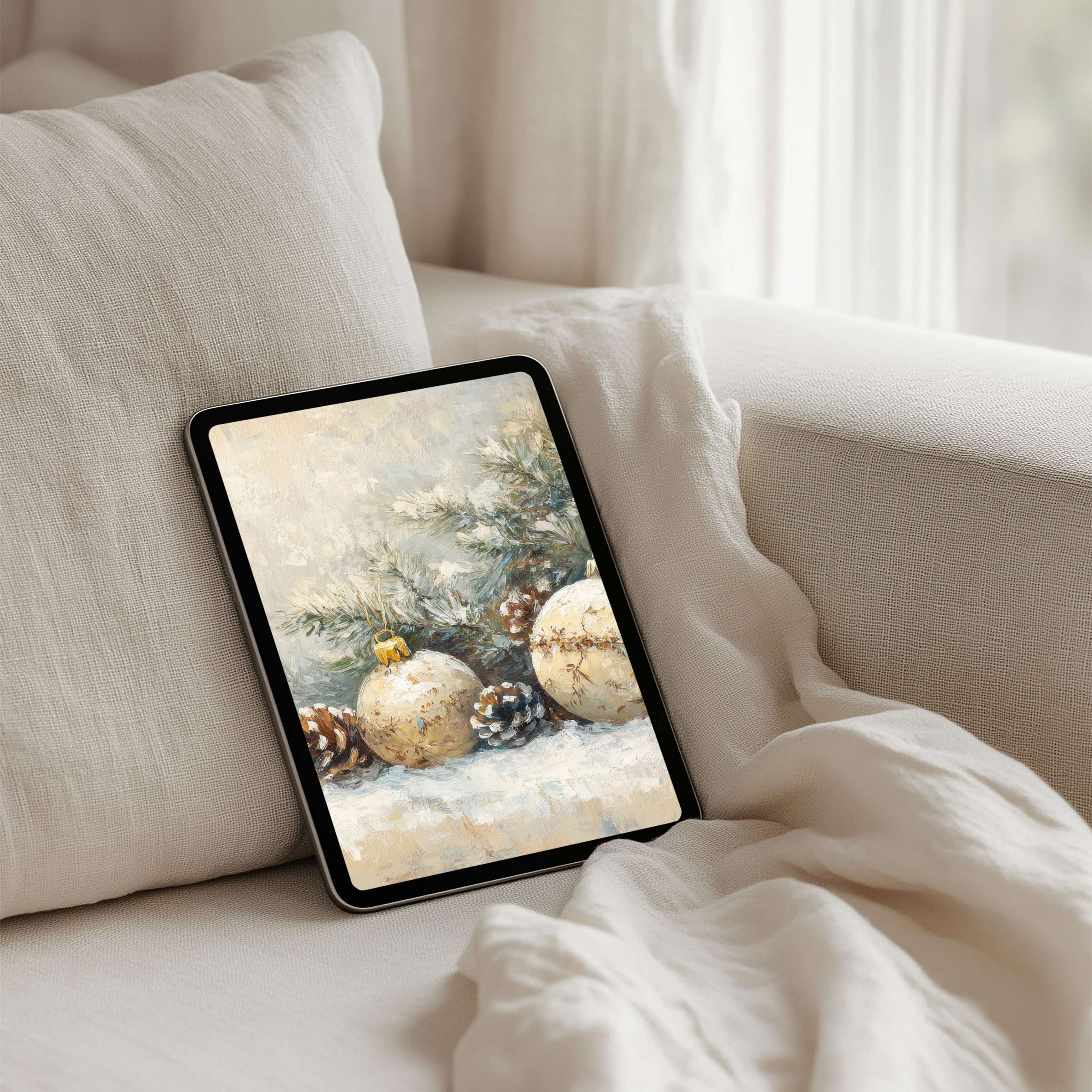 Elegant iPad background art of serene winter scene with pinecones evokes calm and inspiration fits any tablet instant download