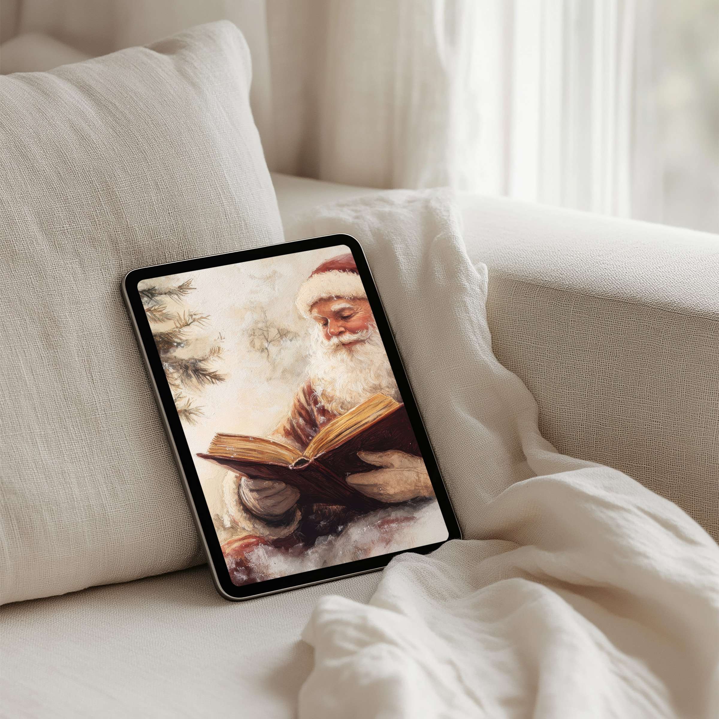 Elegant holiday iPad background featuring Santa reading in a cozy setting for instant download on tablet bringing calm inspiration
