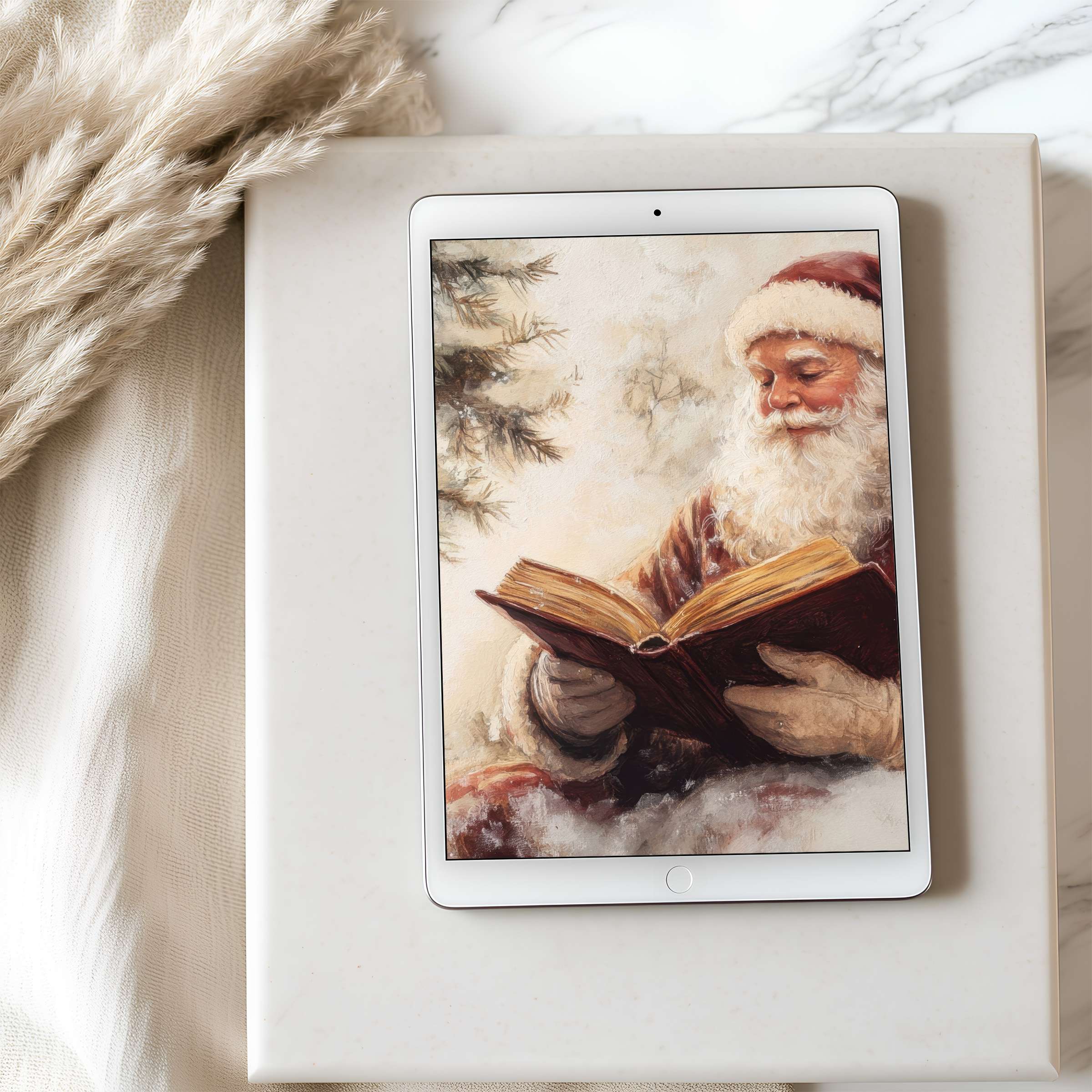 Warm, vintage-inspired tablet wallpaper featuring gentle colors of Santa reading, perfect for iPad download, enhancing cozy digital spaces