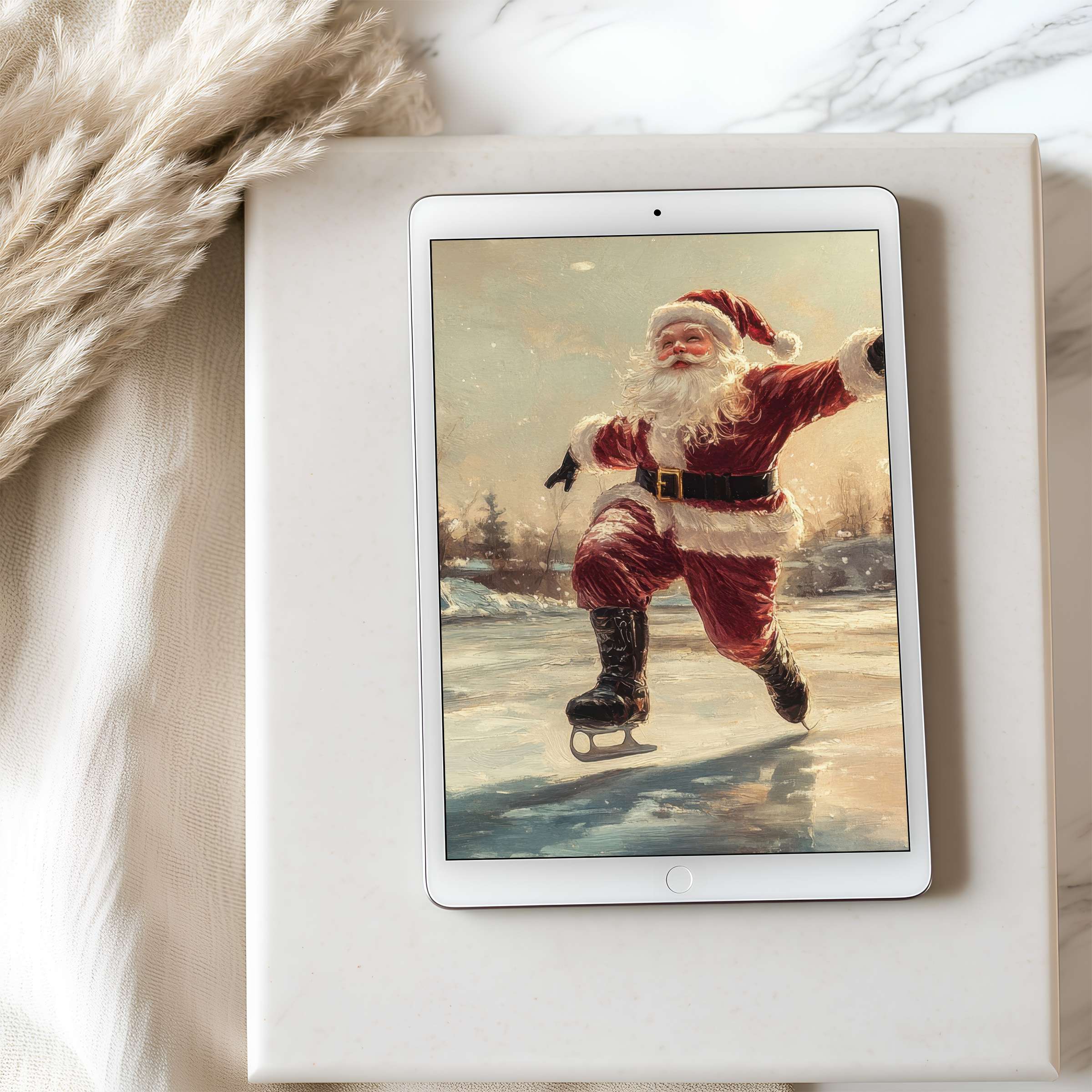 Festive tablet wallpaper featuring a cheerful Santa ice skating, ideal for iPad, bringing warmth and curated holiday charm to your device