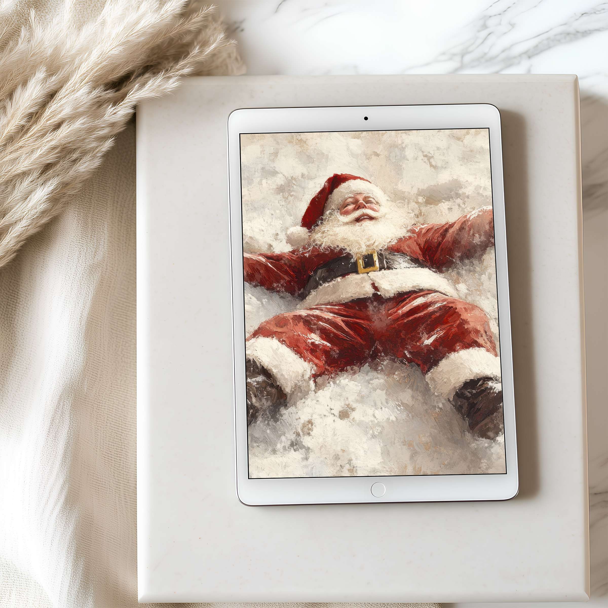 Elegant tablet wallpaper featuring a joyful Santa in snow offers a high-resolution digital download for iPad and Android devices