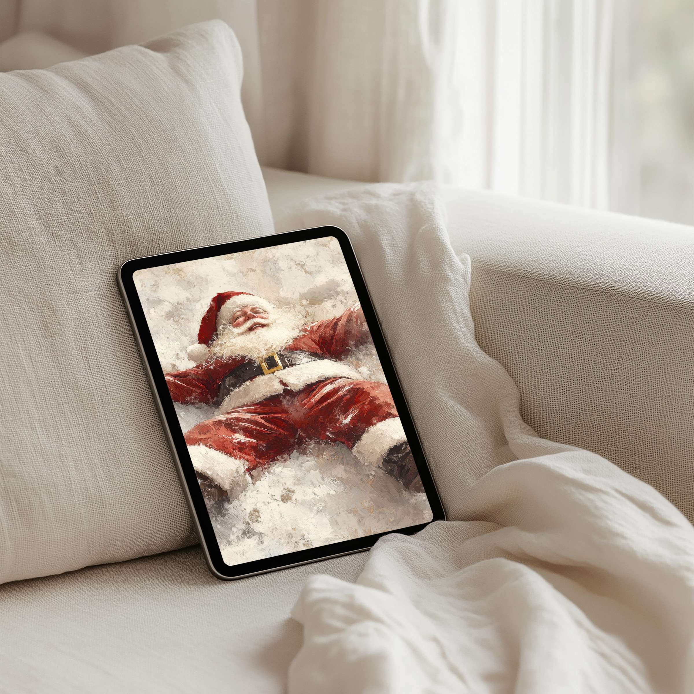Cozy iPad background featuring joyful Santa, perfect for instant download to bring elegance and calm to any tablet setting