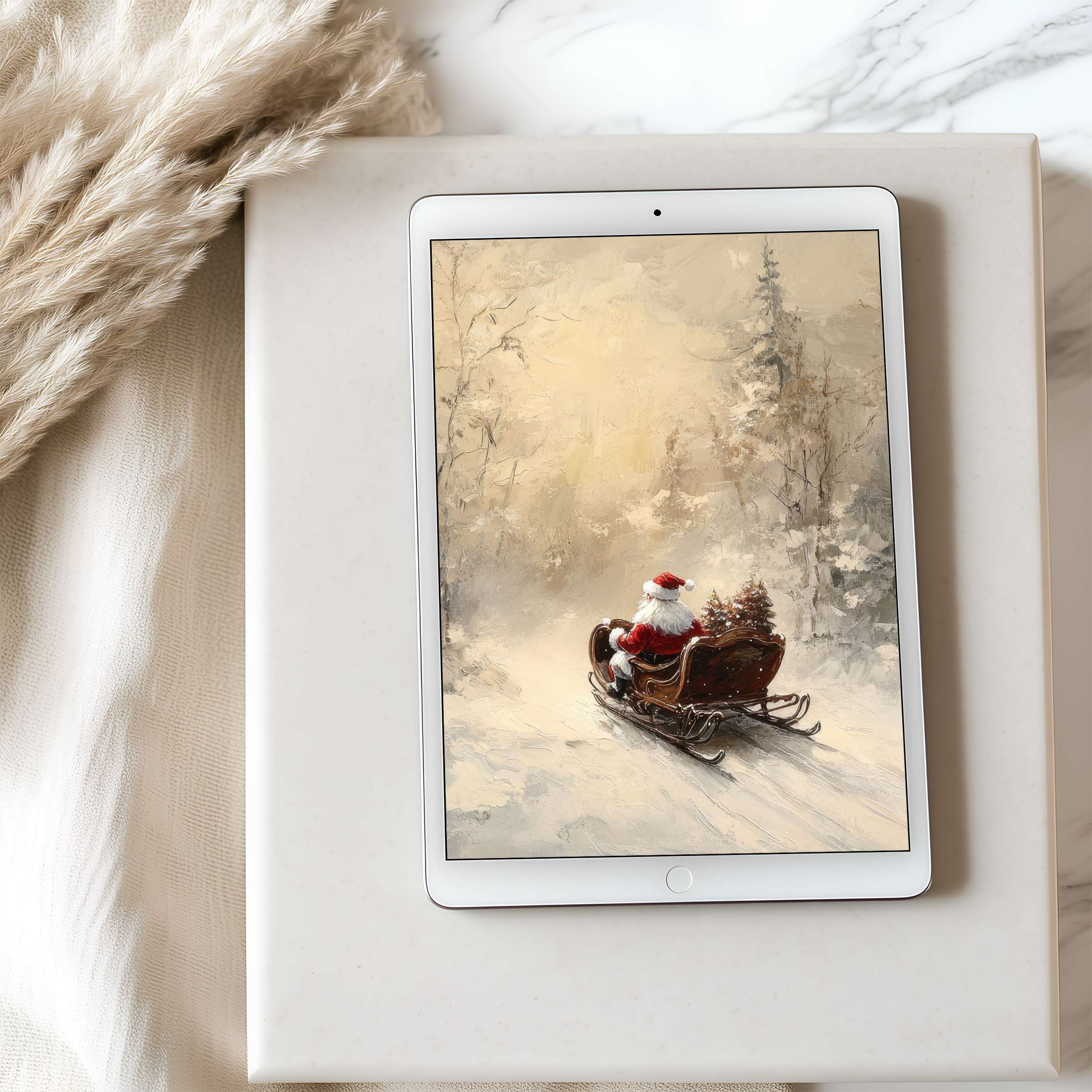 Elegant tablet wallpaper featuring a serene, impressionist winter scene with Santa in a sleigh, perfect for iPads and Android devices