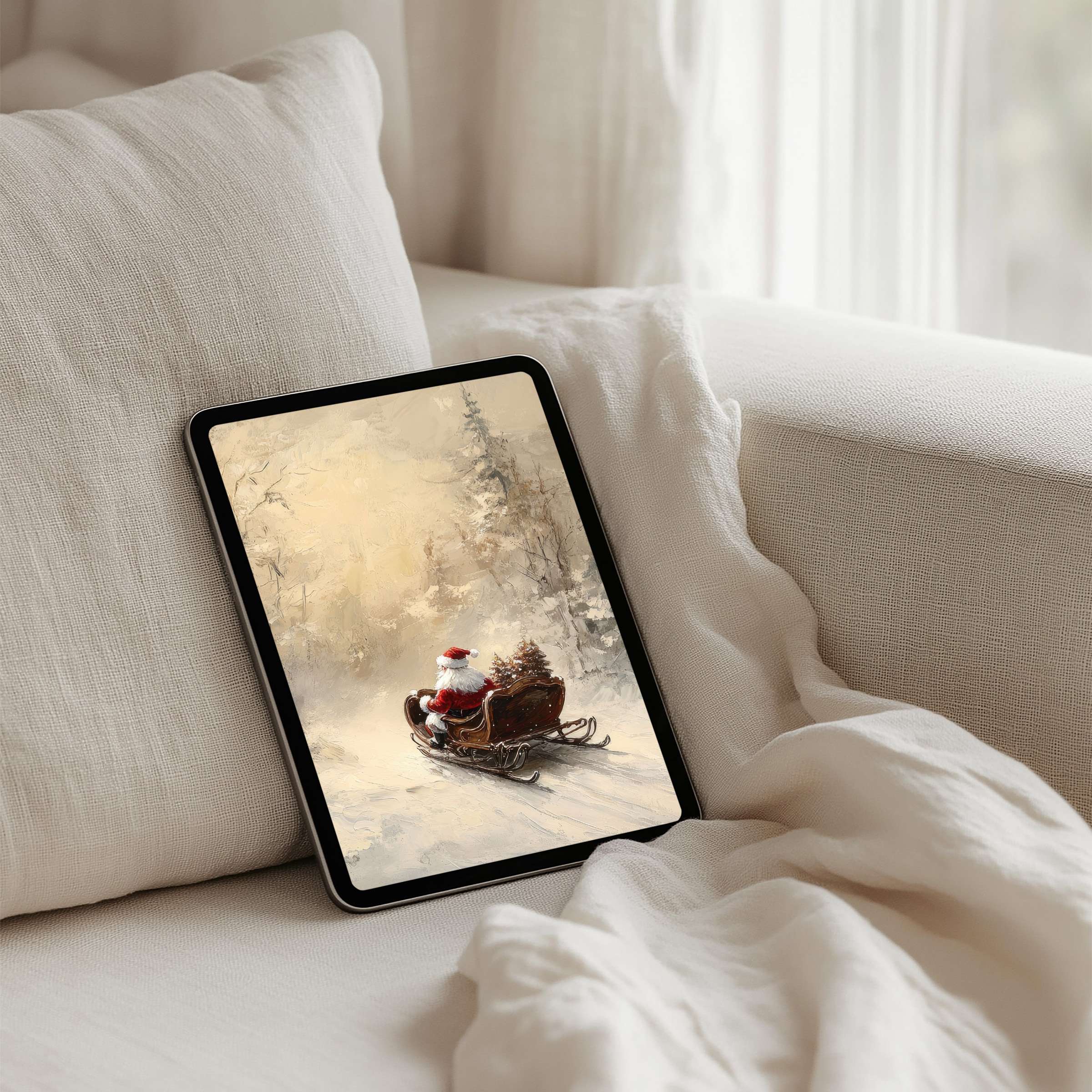 Serene winter iPad background featuring Santa's sleigh in a snowy landscape perfect for instant download on any tablet inspiring calm