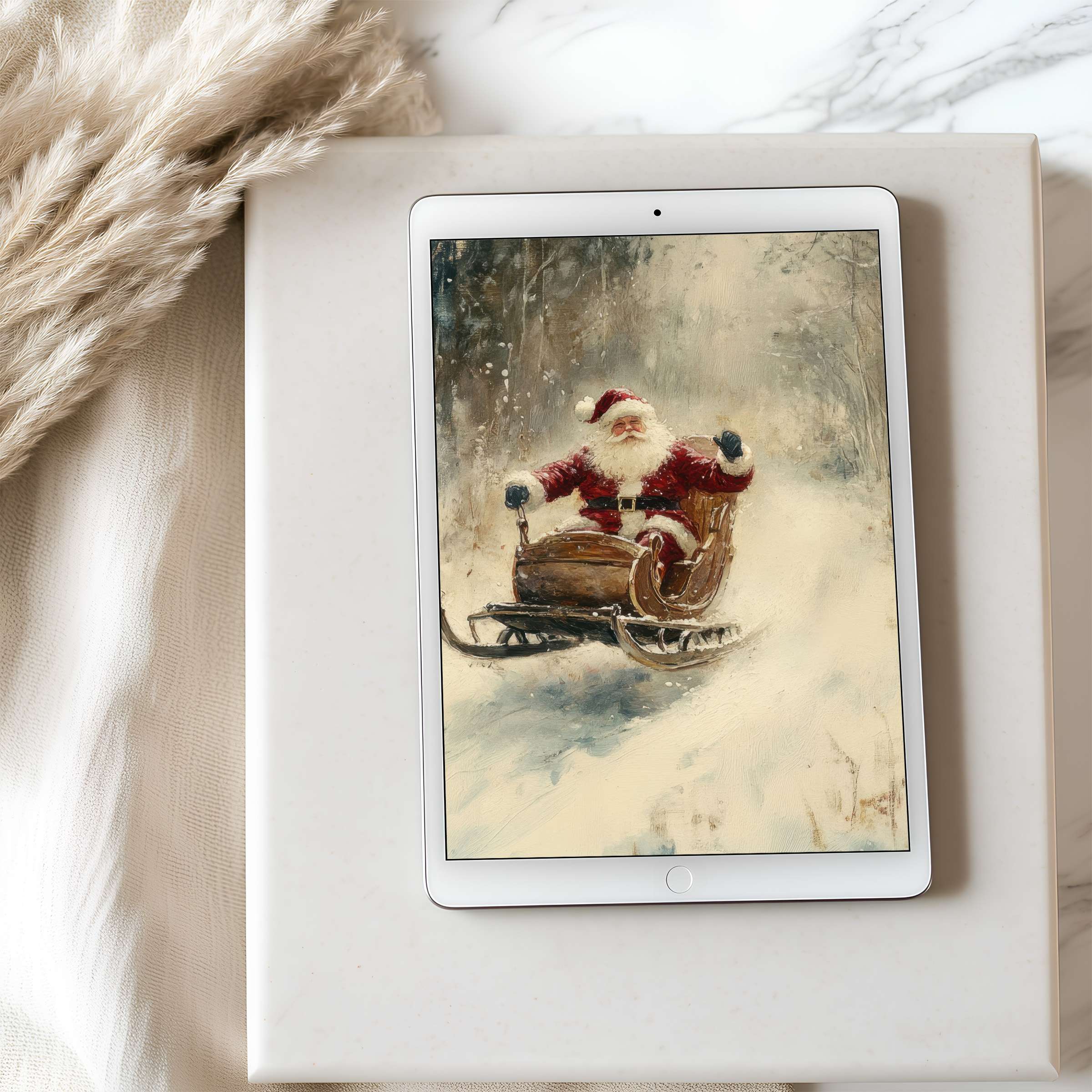 Elegant tablet wallpaper showcasing a high resolution painting of Santa in a sleigh evokes warmth, perfect for iPad and Android tablets