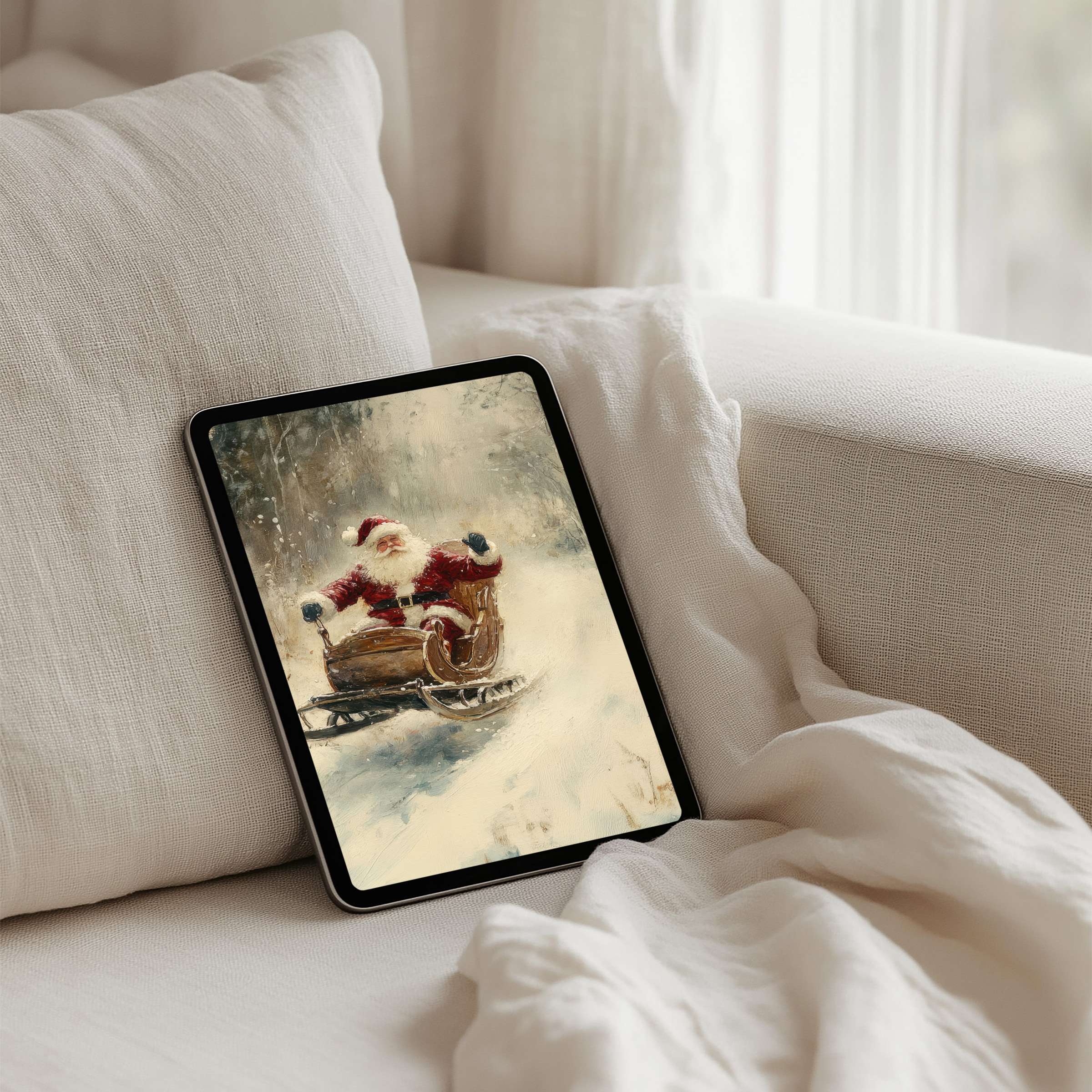 Cozy vintage Santa painting offers a tranquil iPad background, perfect for instant download on any tablet, blending calm and elegance