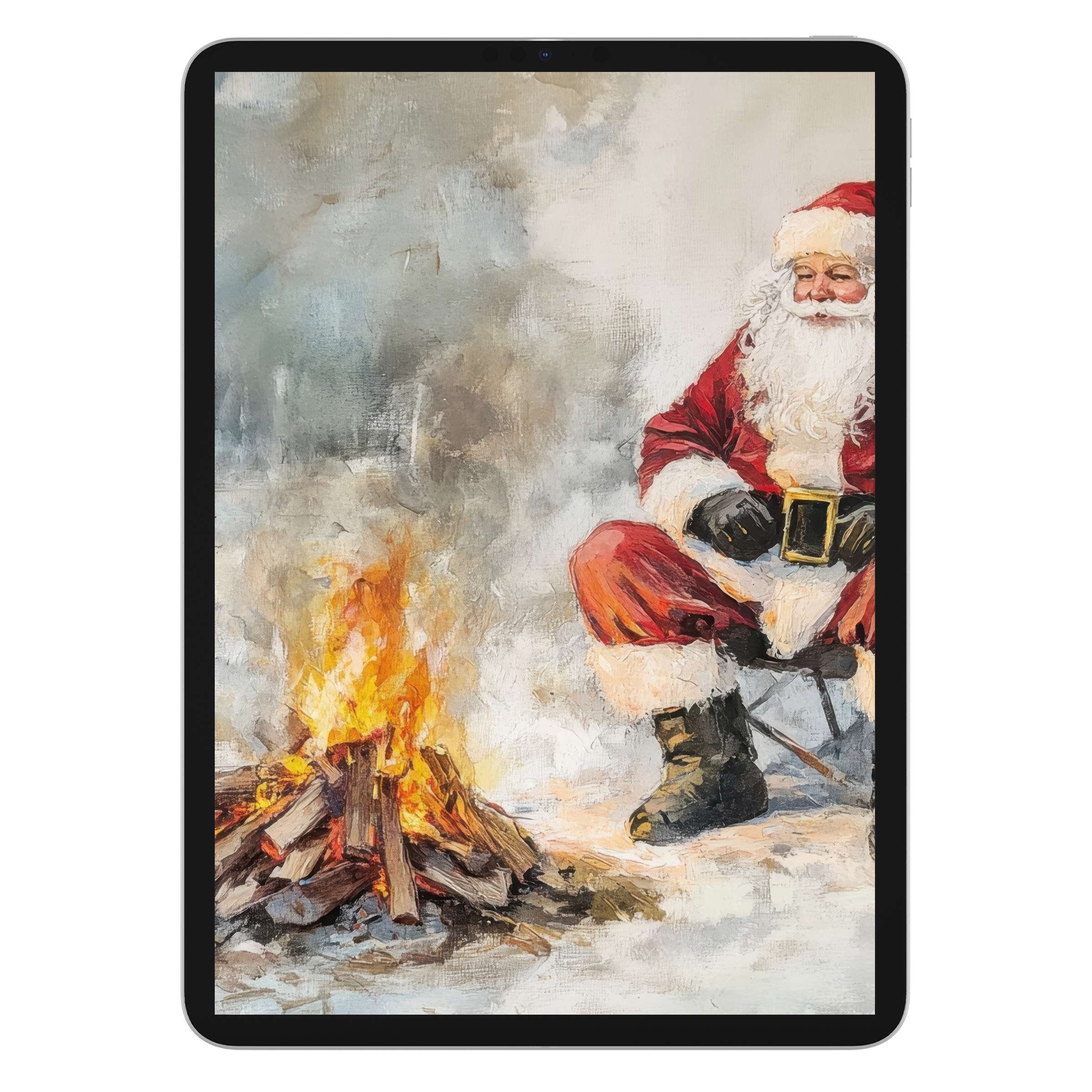 Cozy hand-painted christmas iPad wallpaper featuring Santa by a campfire, perfect digital download for tablet background elegance