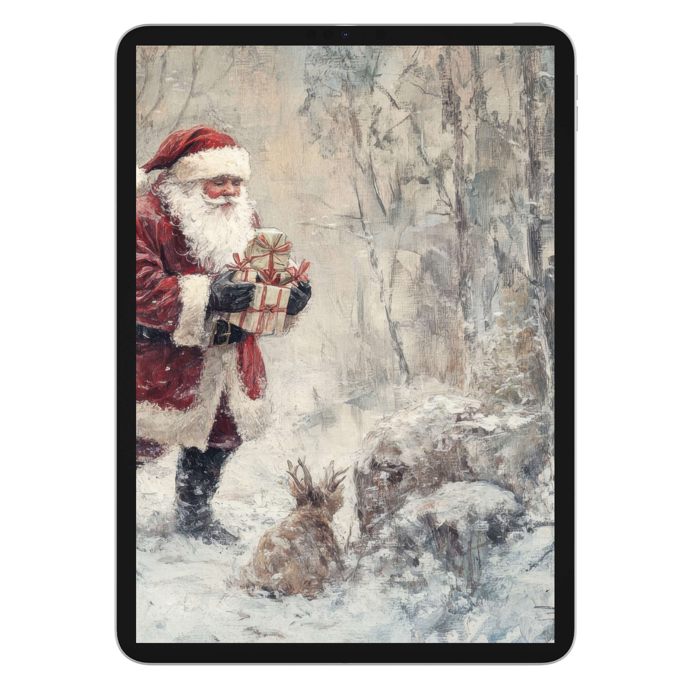 Elegant christmas iPad wallpaper for digital download featuring Santa in a serene snowy forest background ideal for any tablet