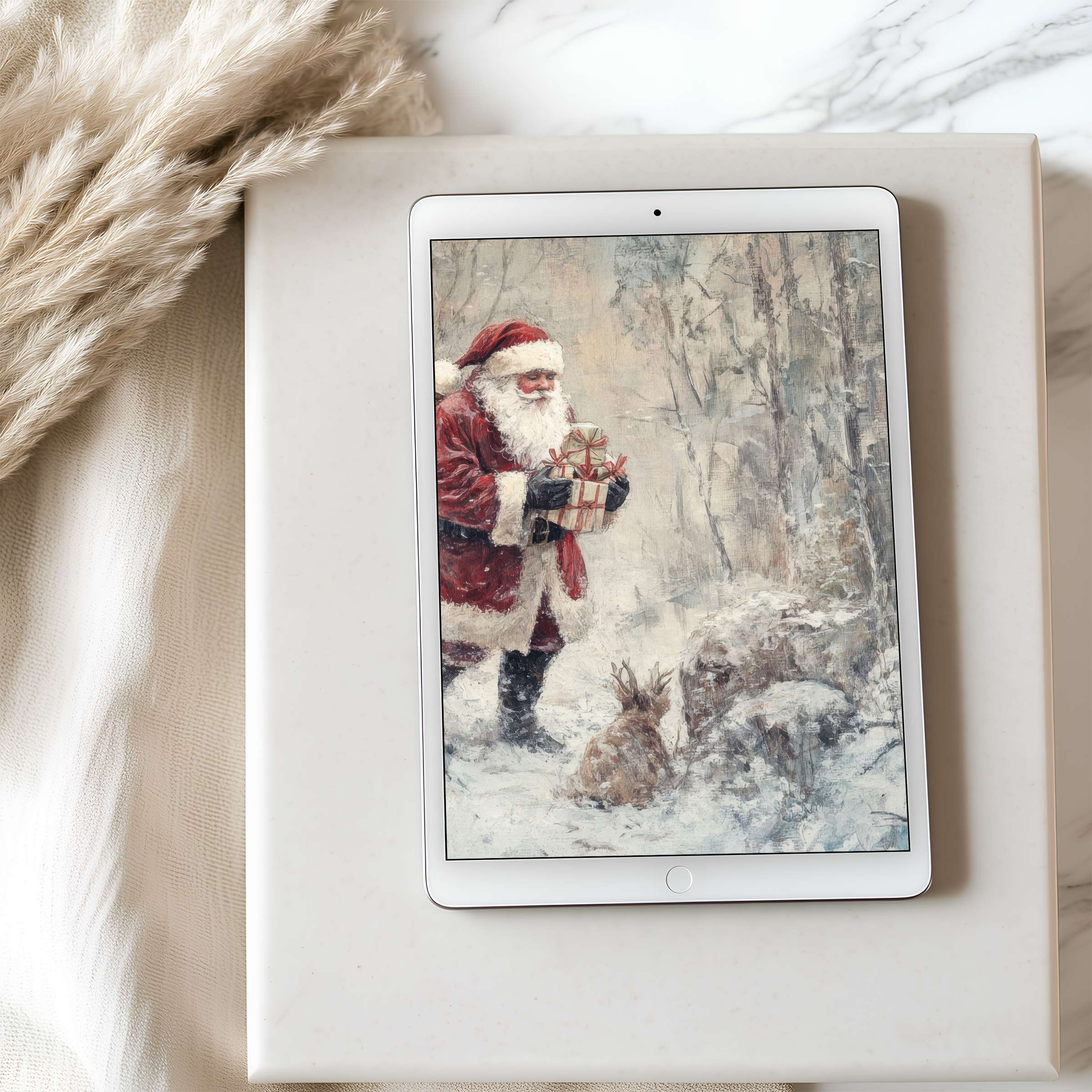 Elegant and cozy tablet wallpaper for iPad featuring a serene winter scene with Santa Claus, perfect for a peaceful digital download