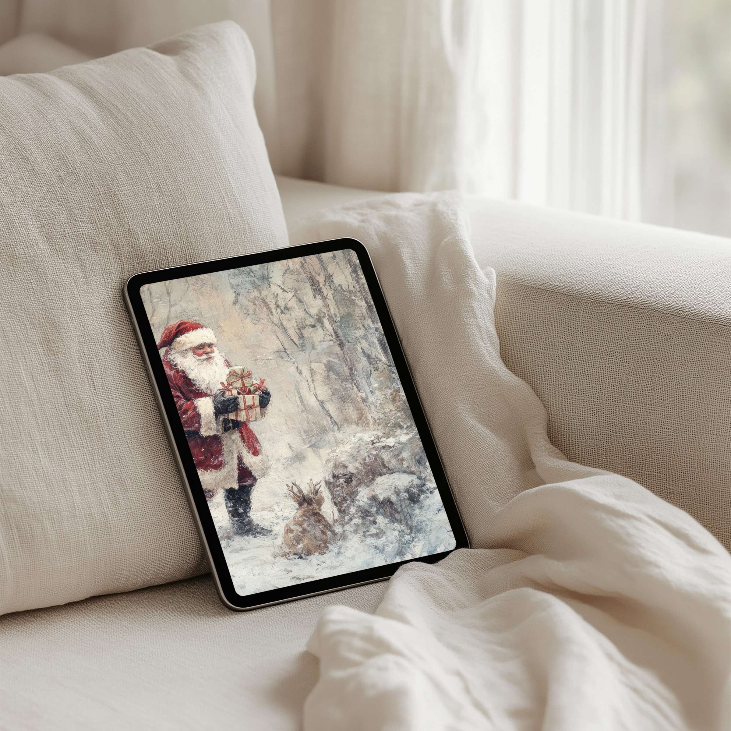 Elegant digital art iPad background depicting Santa in a snowy scene inspires calm and mindfulness instant download for tablets