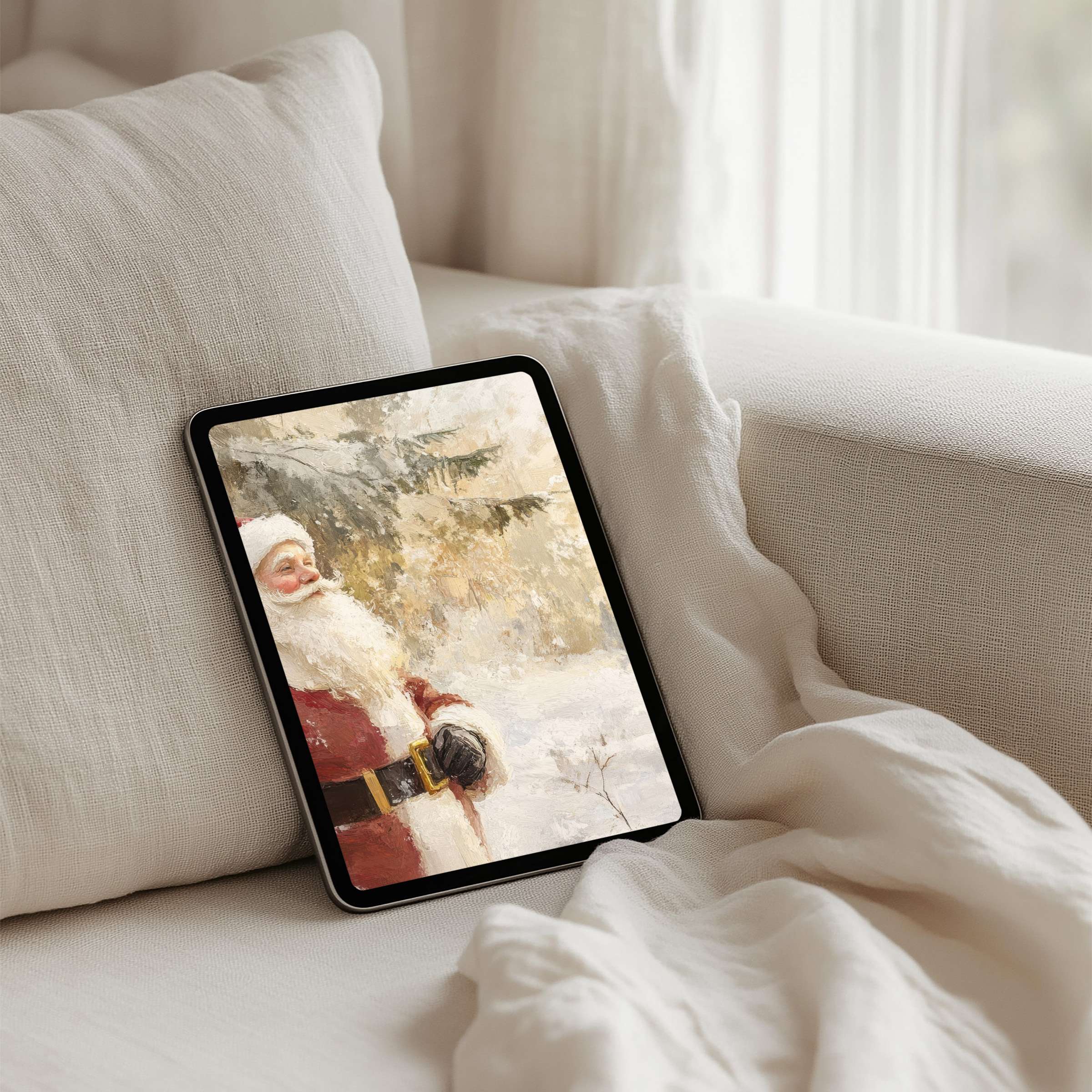 Elegant iPad background featuring a serene winter scene with Santa, perfect for instant download on any tablet, evoking calm inspiration