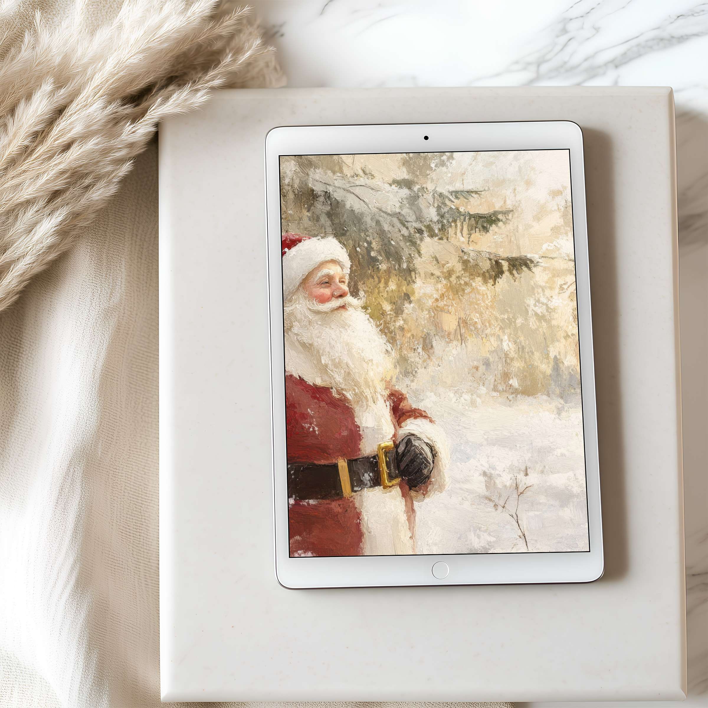 Elegant tablet wallpaper depicting a serene Santa in a snowy landscape, perfect for iPad and Android tablets, high resolution download