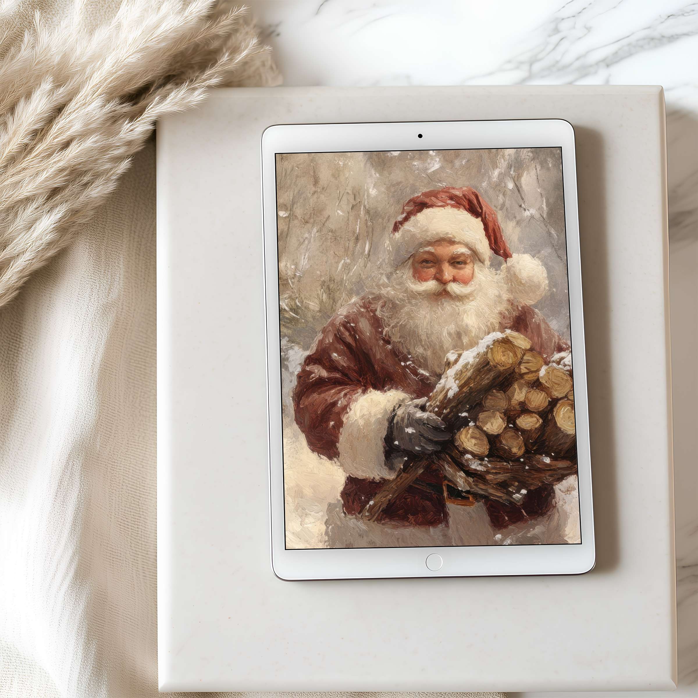 Festive digital art tablet wallpaper depicting a charming Santa in earthy brushstrokes perfect for high-resolution iPad download