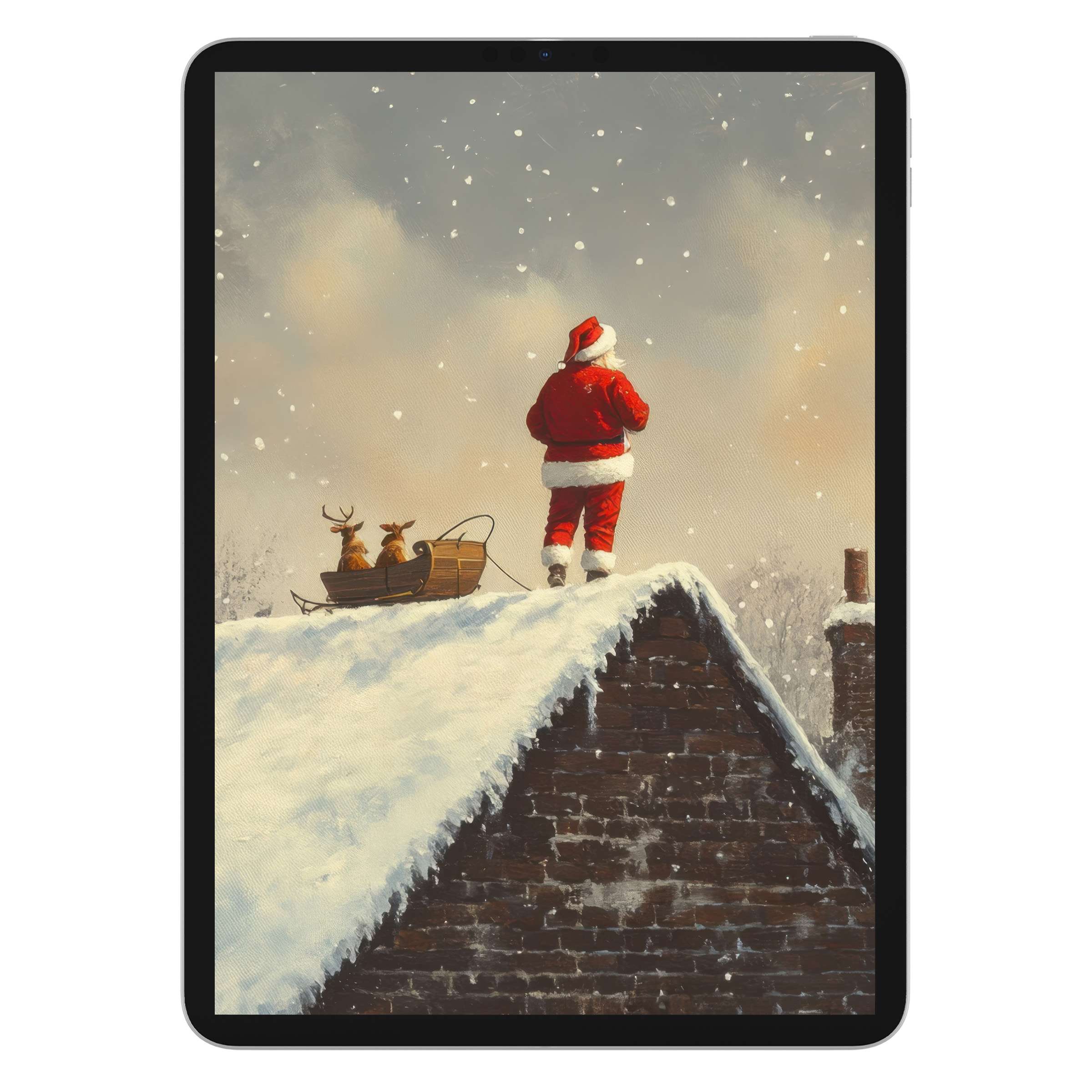 Christmas iPad wallpaper featuring snow-draped roof, Santa, and sleigh, ideal digital download background for tablet elegance