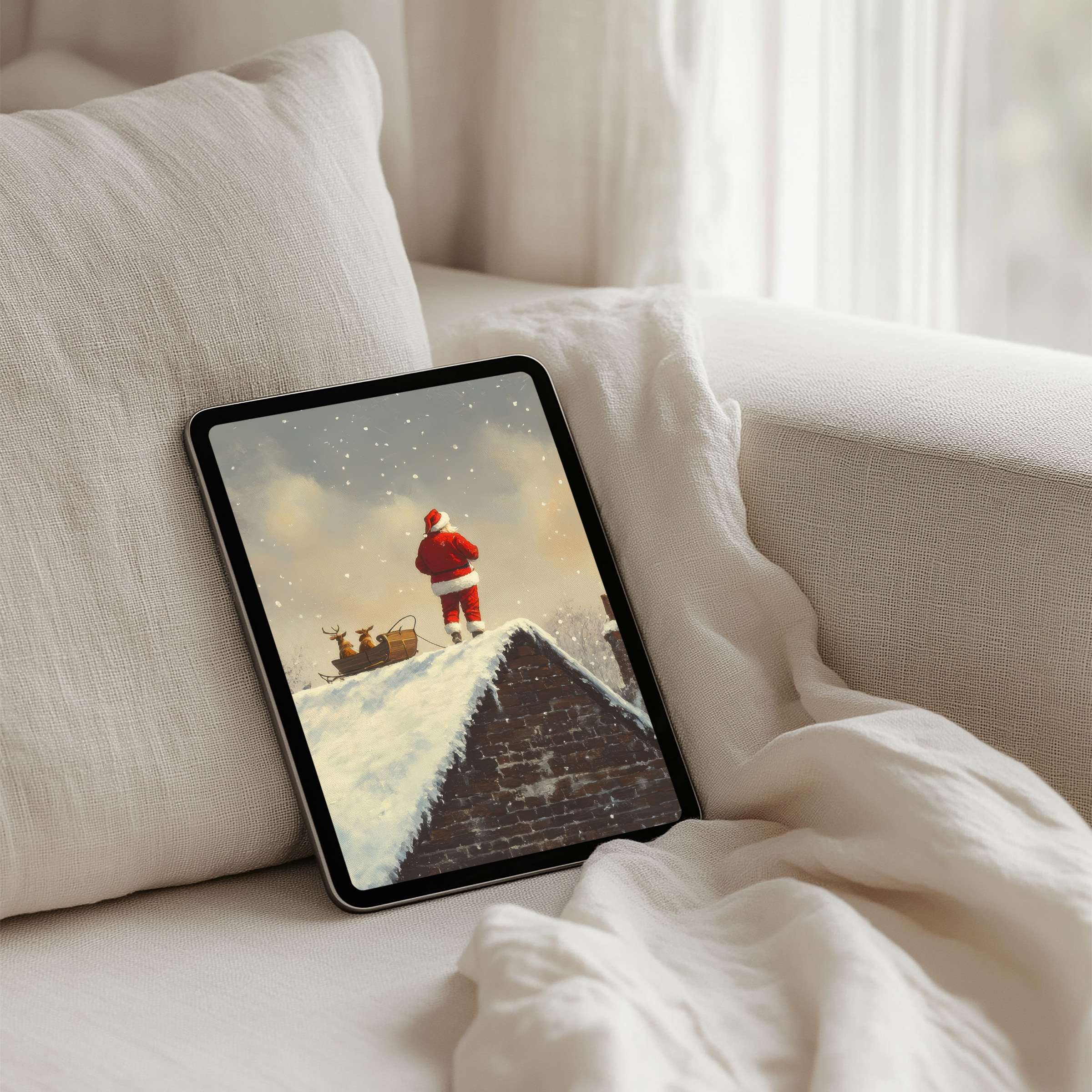 Snowy Santa on a serene iPad background exudes calm and elegance perfect for tablets with instant download options for mindful decor