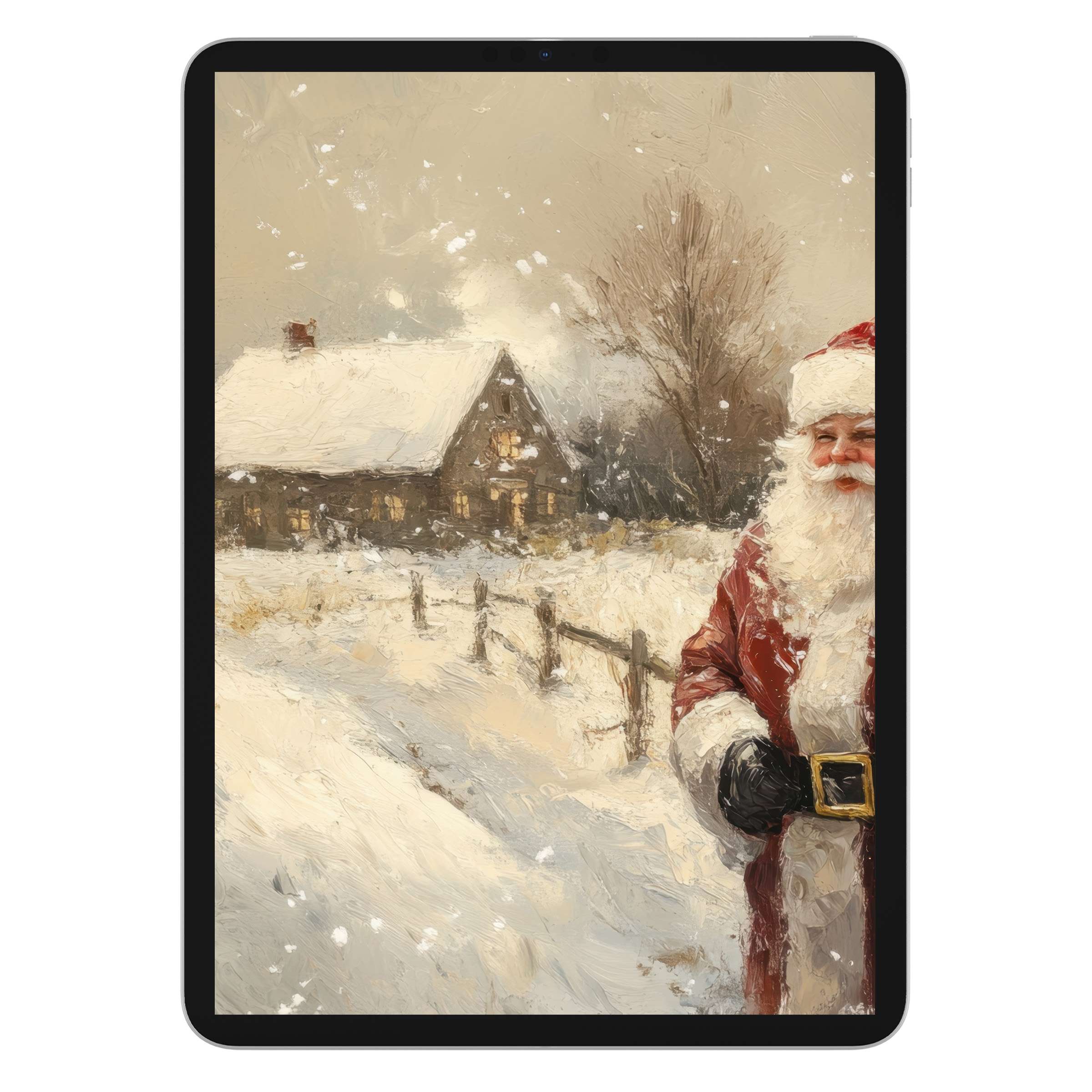 Snowy landscape of Santa by a cozy cabin in this elegant christmas iPad wallpaper digital download for tablets seeking serene backgrounds