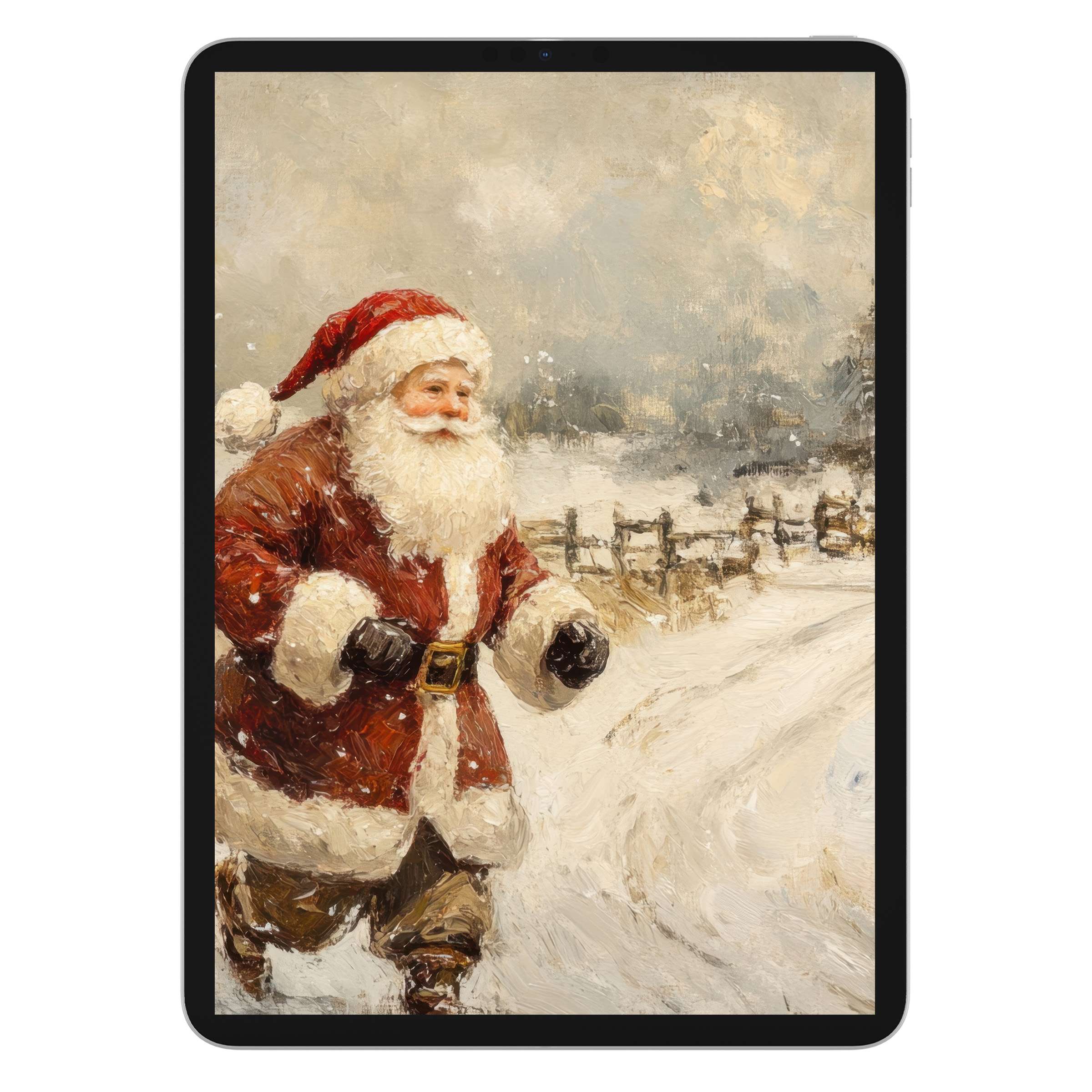 Elegant christmas iPad wallpaper featuring a serene snowy scene with Santa, perfect digital download for tablet background warmth and joy