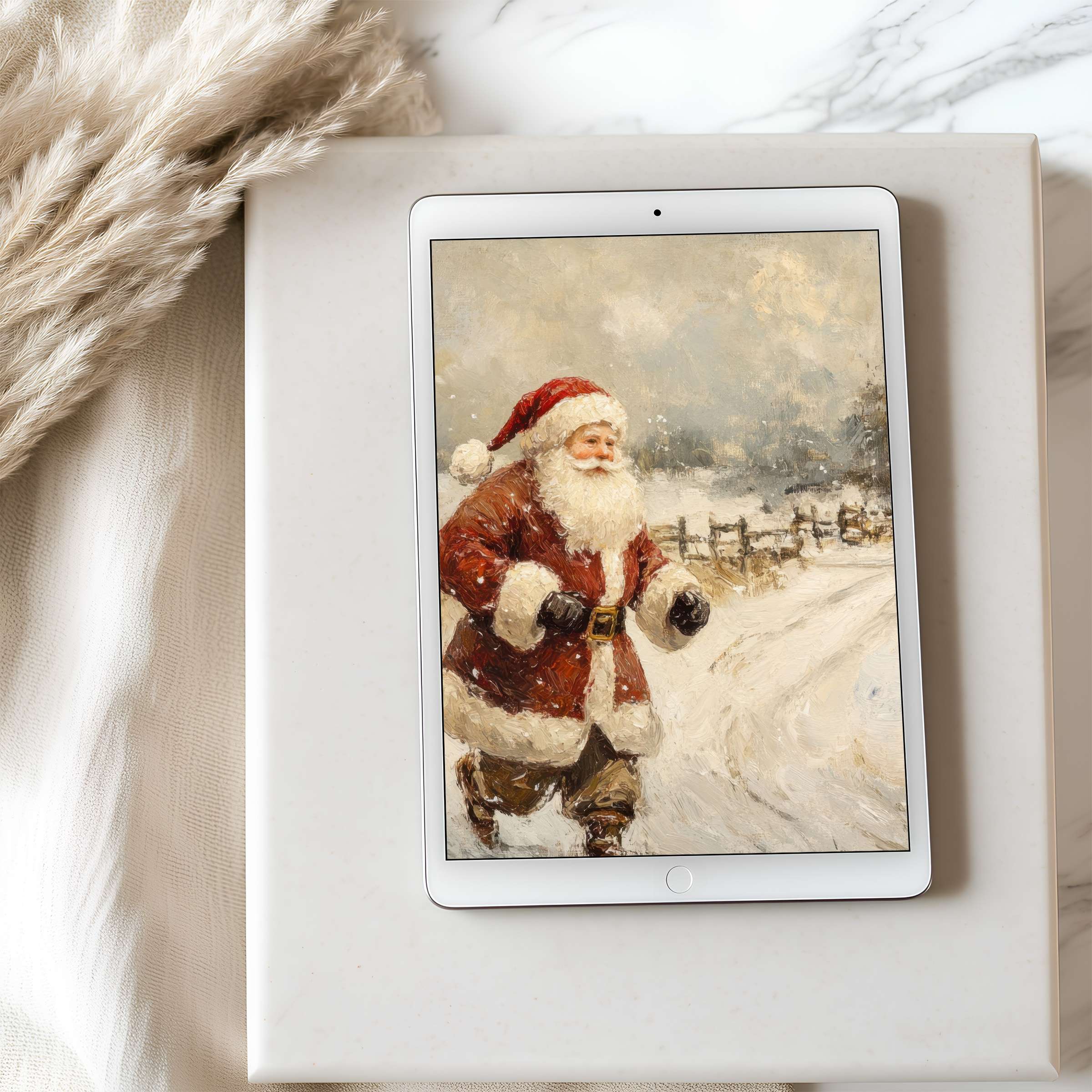 Elegant winter scene of Santa in oil painting style on tablet wallpaper perfect for high resolution iPad or Android download