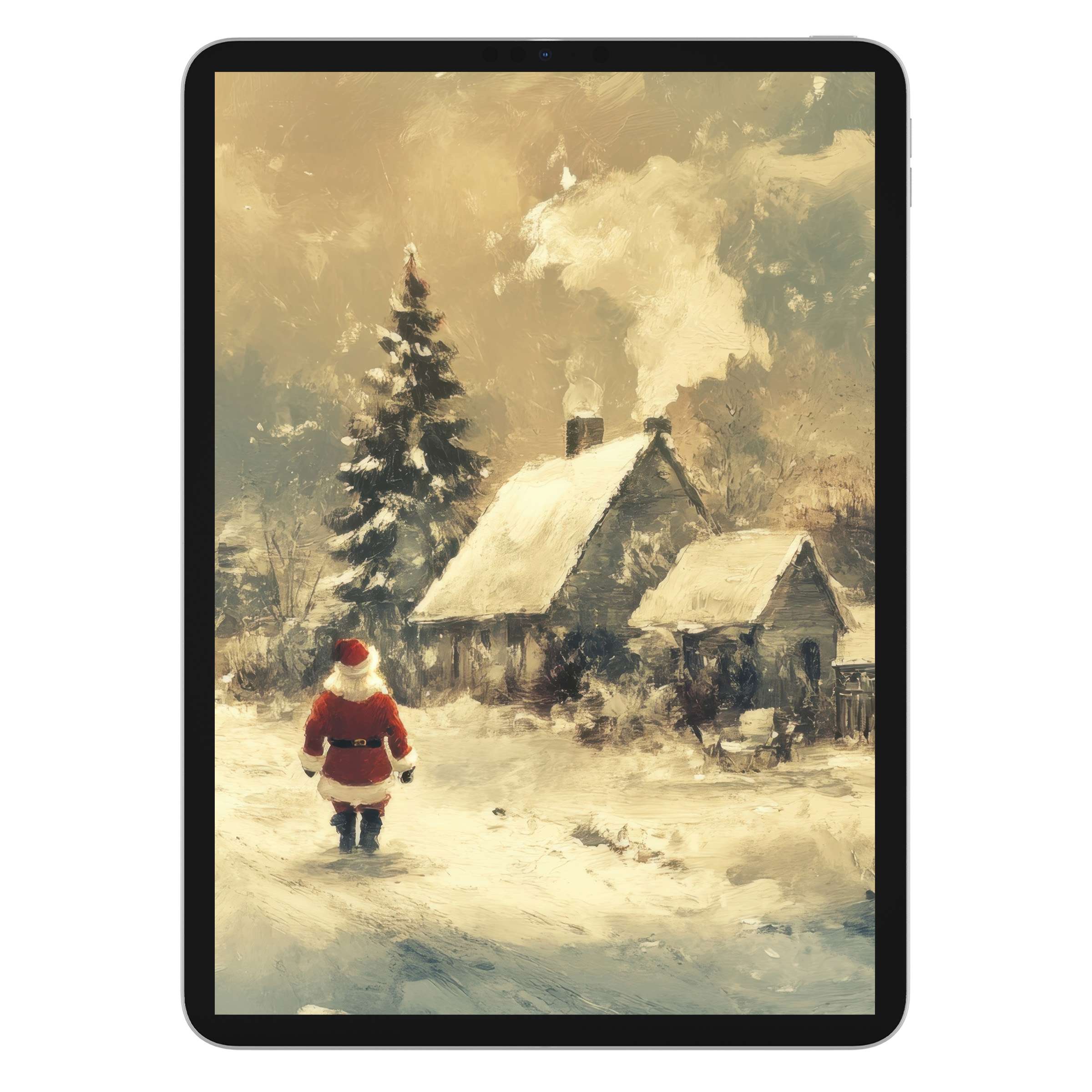 Charming Christmas iPad wallpaper for tablet background, featuring a snowy cottage scene with Santa, perfect digital download for holiday warmth