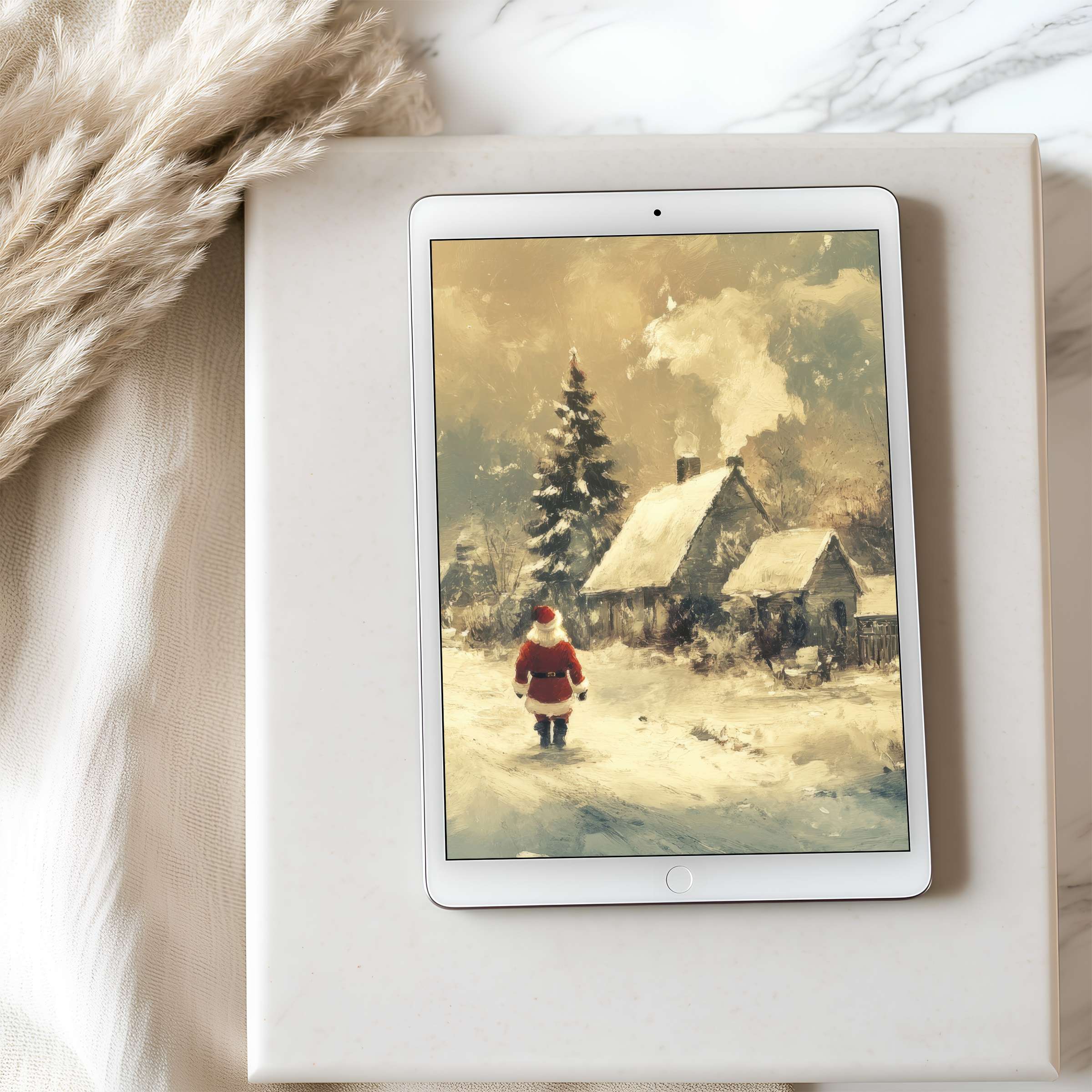 Cozy winter scene on a tablet wallpaper featuring Santa in snow; perfect for iPad or Android, digital download for relaxation