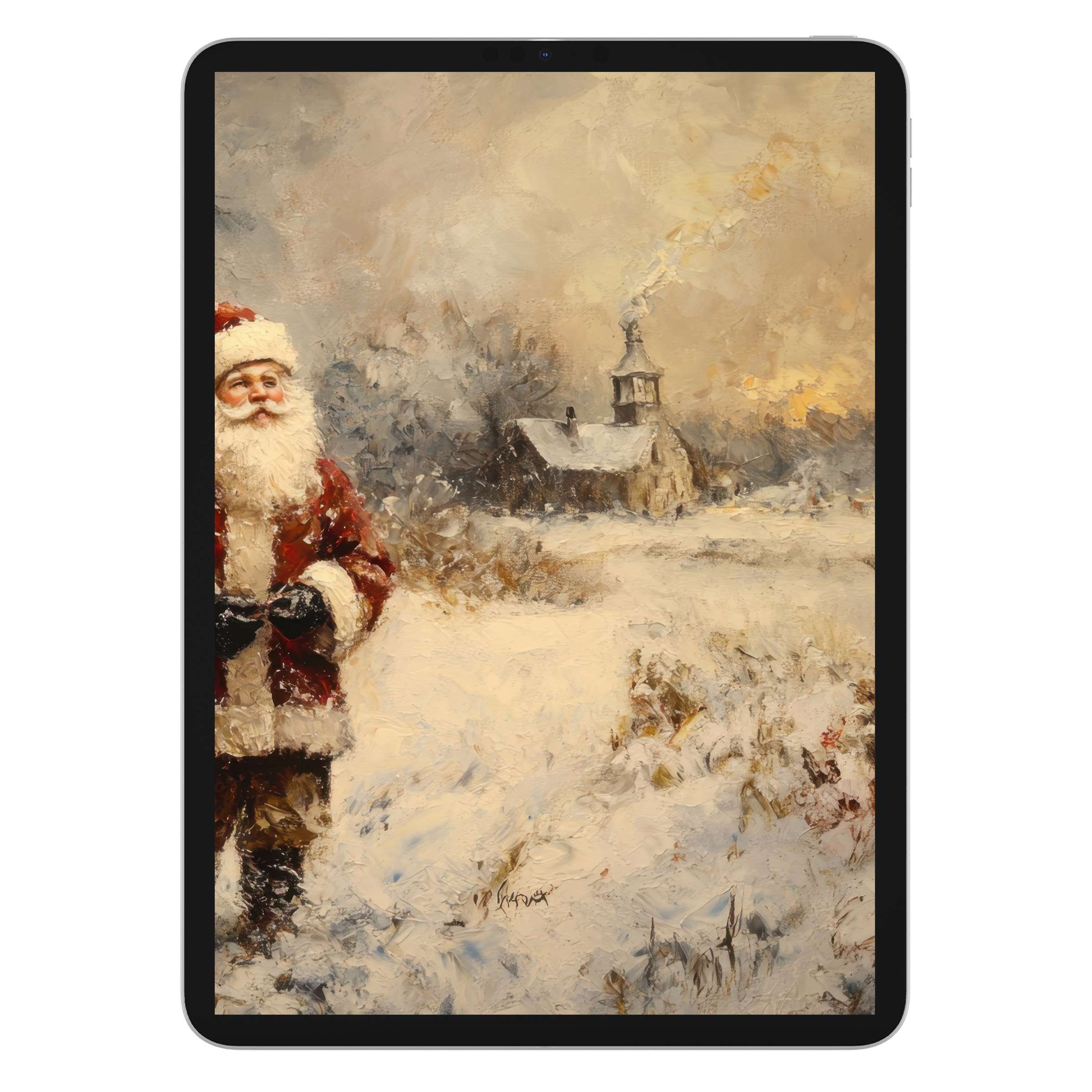 Christmas iPad wallpaper showcasing a serene snowy landscape with Santa, perfect digital download for tablet backgrounds, radiating warmth