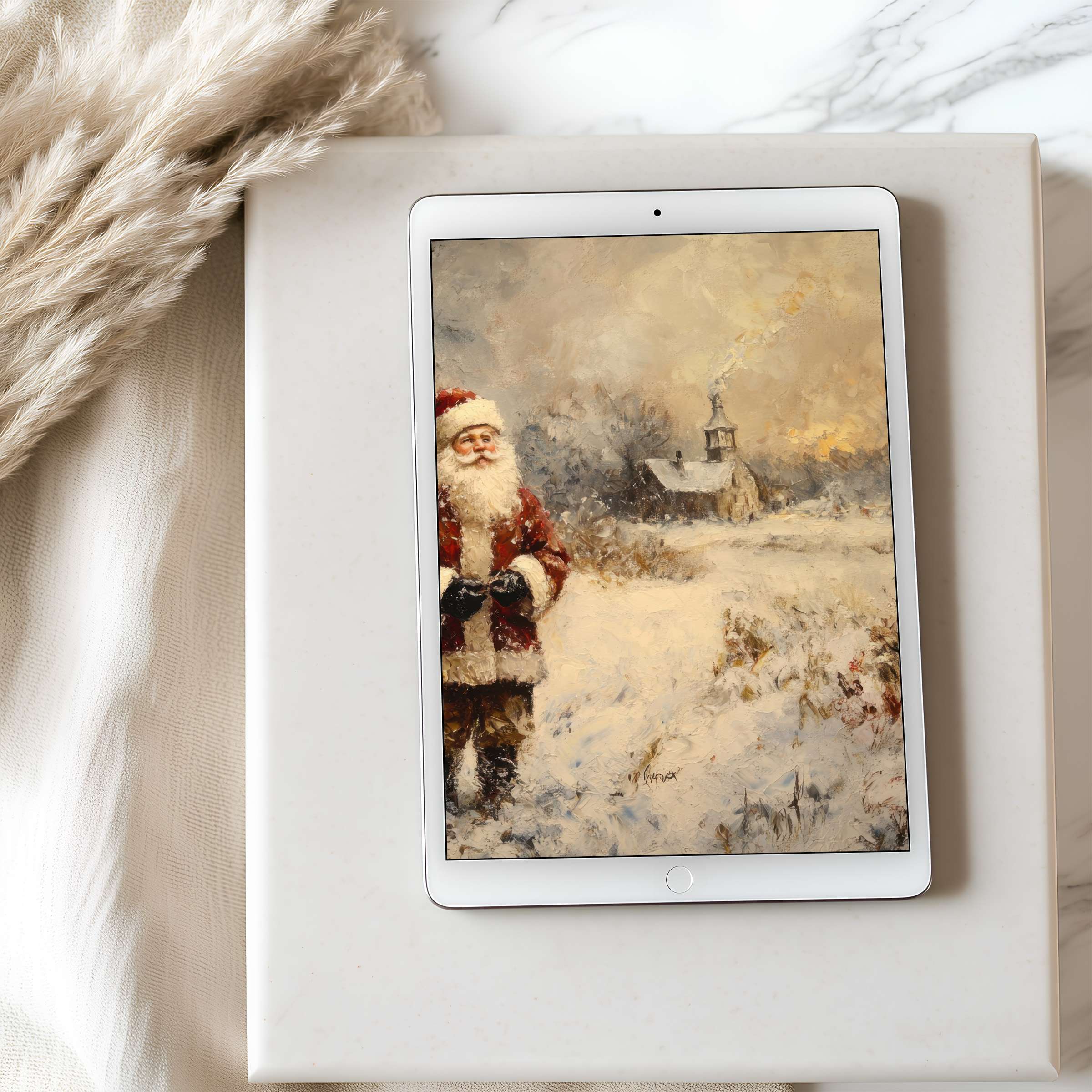 Elegant tablet wallpaper featuring a serene winter landscape with Santa, perfect for curated digital download on iPad and Android devices
