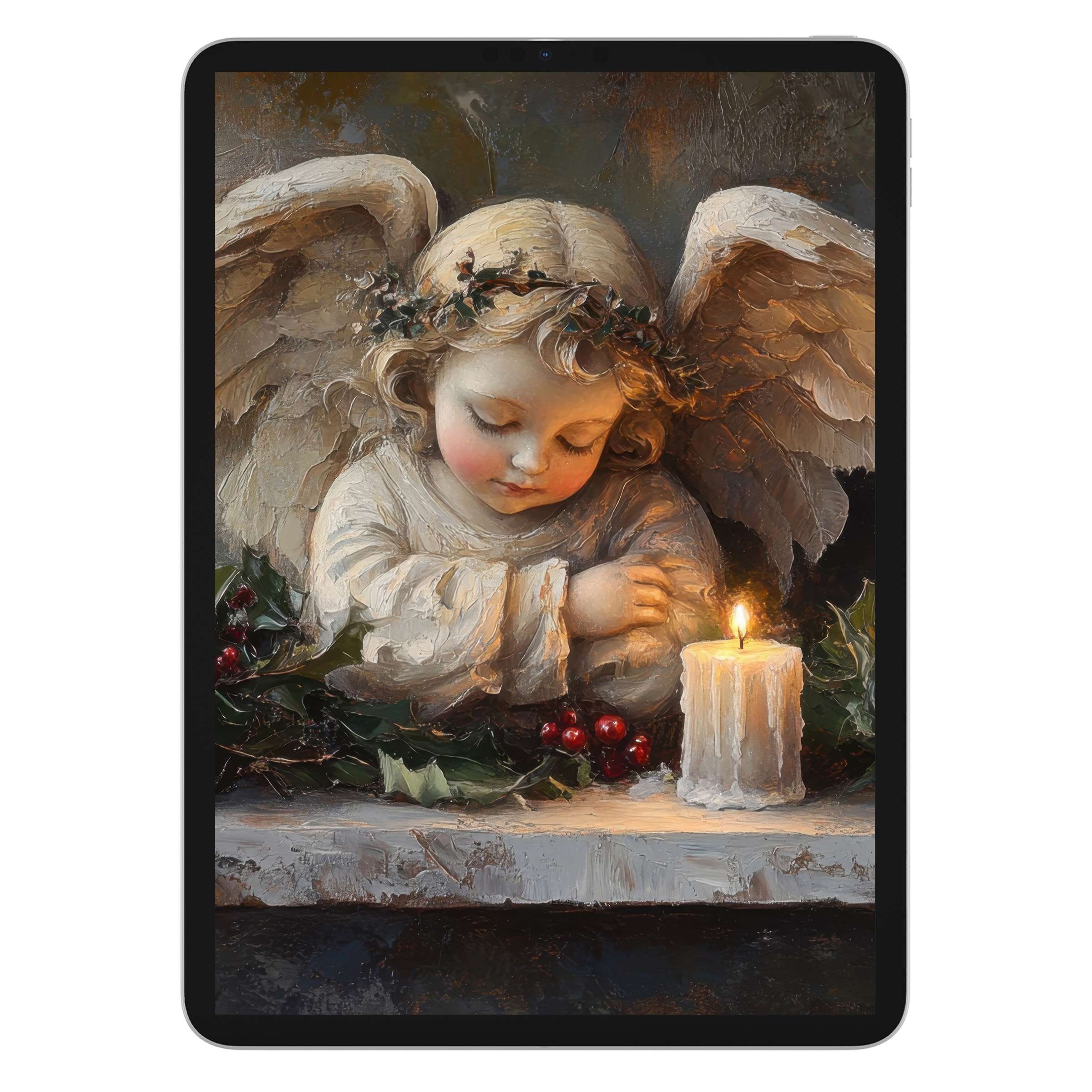 Elegant christmas iPad wallpaper featuring a serene angel with candlelight in textured art style digital download for tablet background