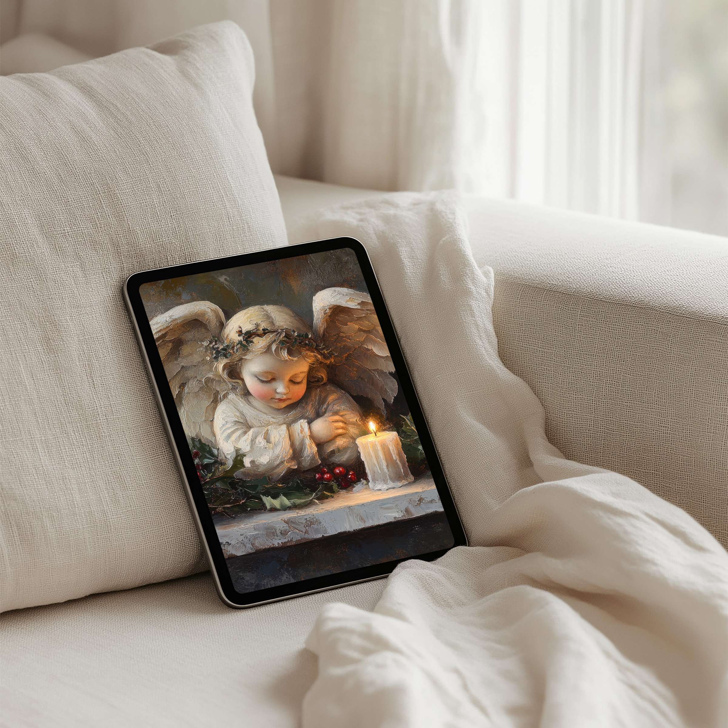 Elegant iPad background featuring serene angel art, perfect for mindful moments on your tablet, available for instant download