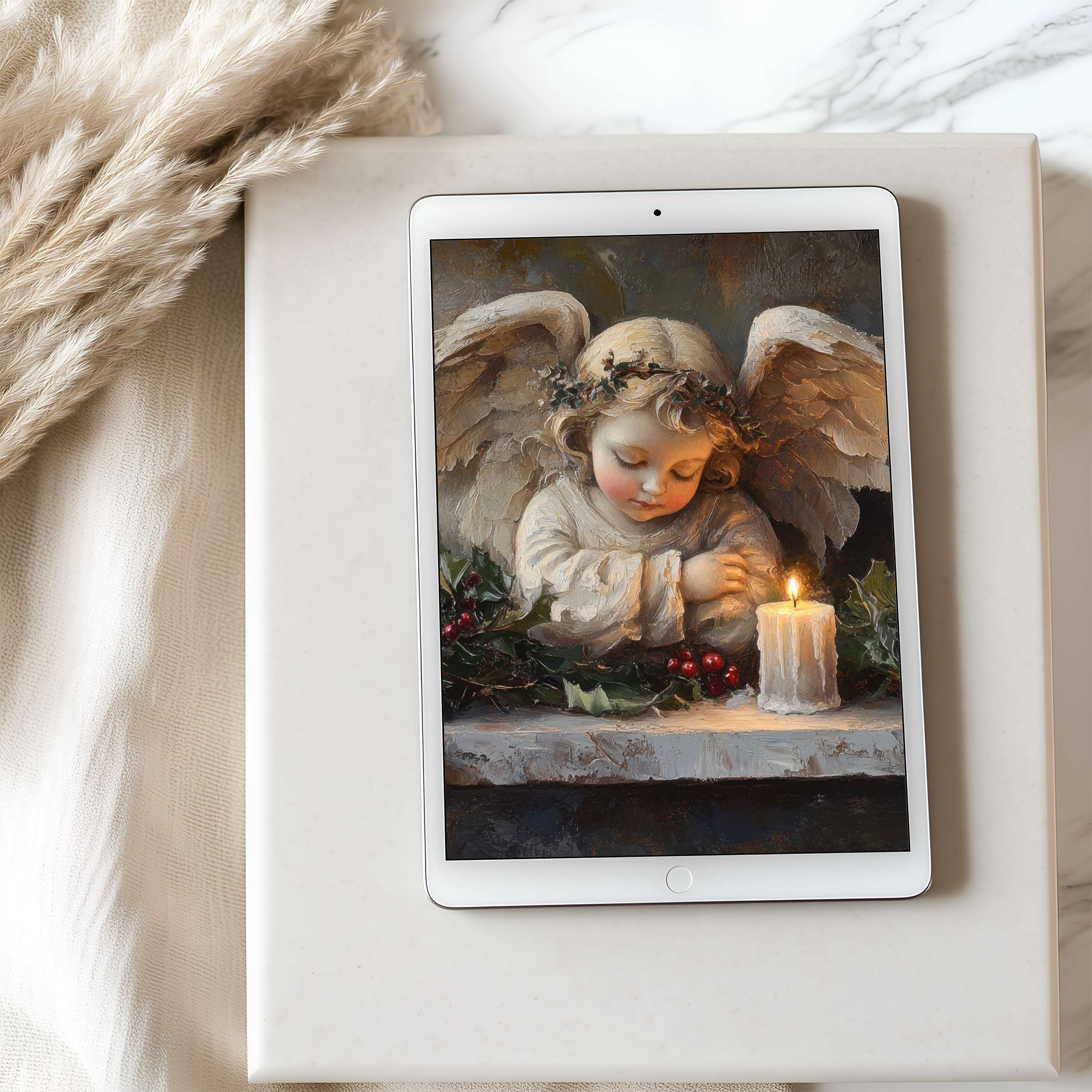 Elegant angelic artwork as a tablet wallpaper featuring warm colors and gentle light Ideal for iPad or Android high-resolution download