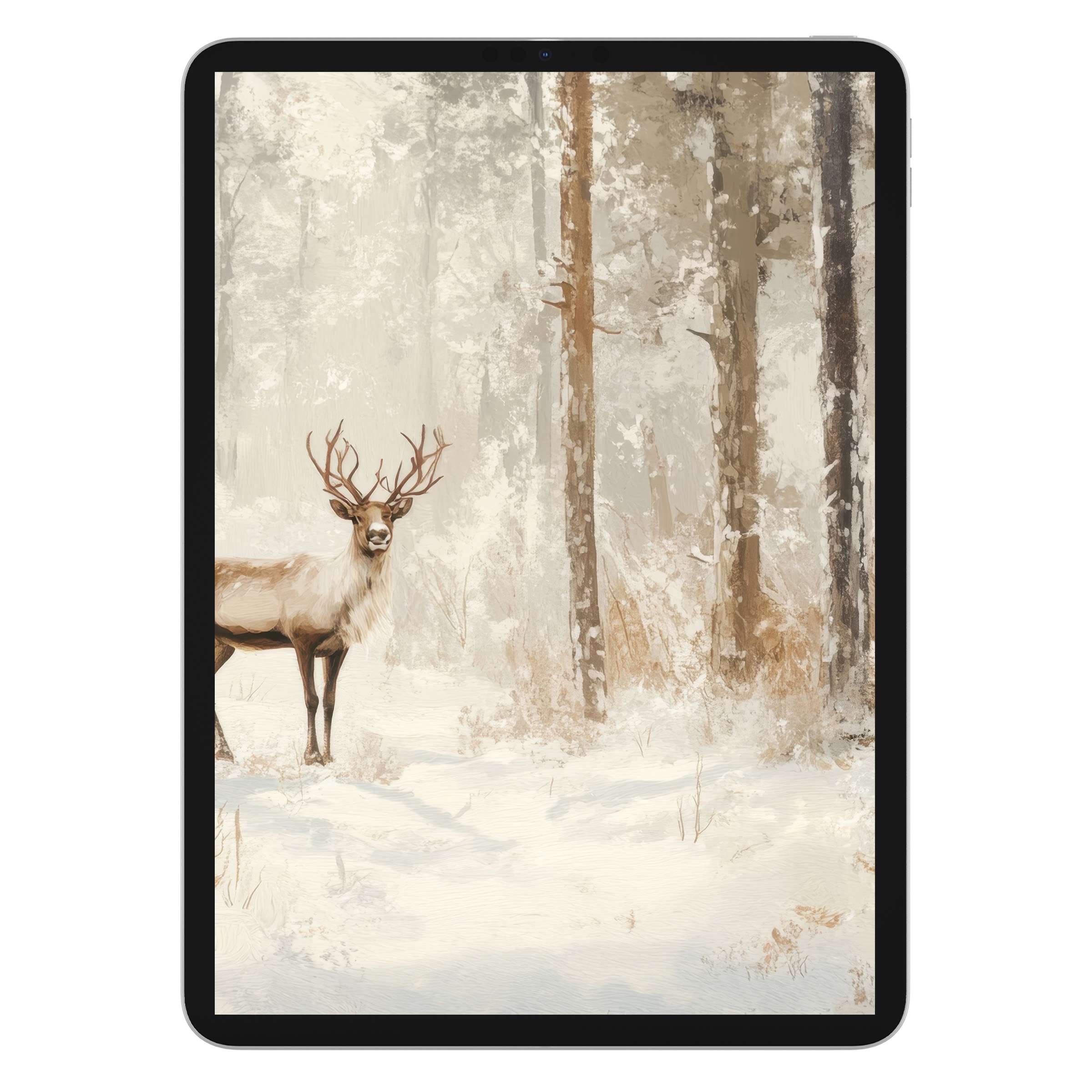 Elegant christmas iPad wallpaper featuring a serene reindeer in a snowy forest, ideal digital download, tablet background for tranquility
