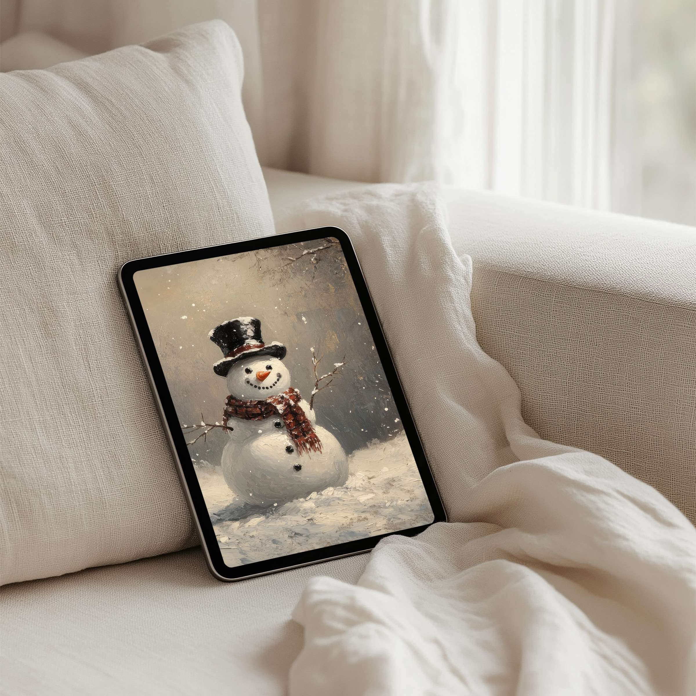 Snowy iPad background with cheerful snowman brings calm elegance and mindfulness to your tablet instant download for winter charm