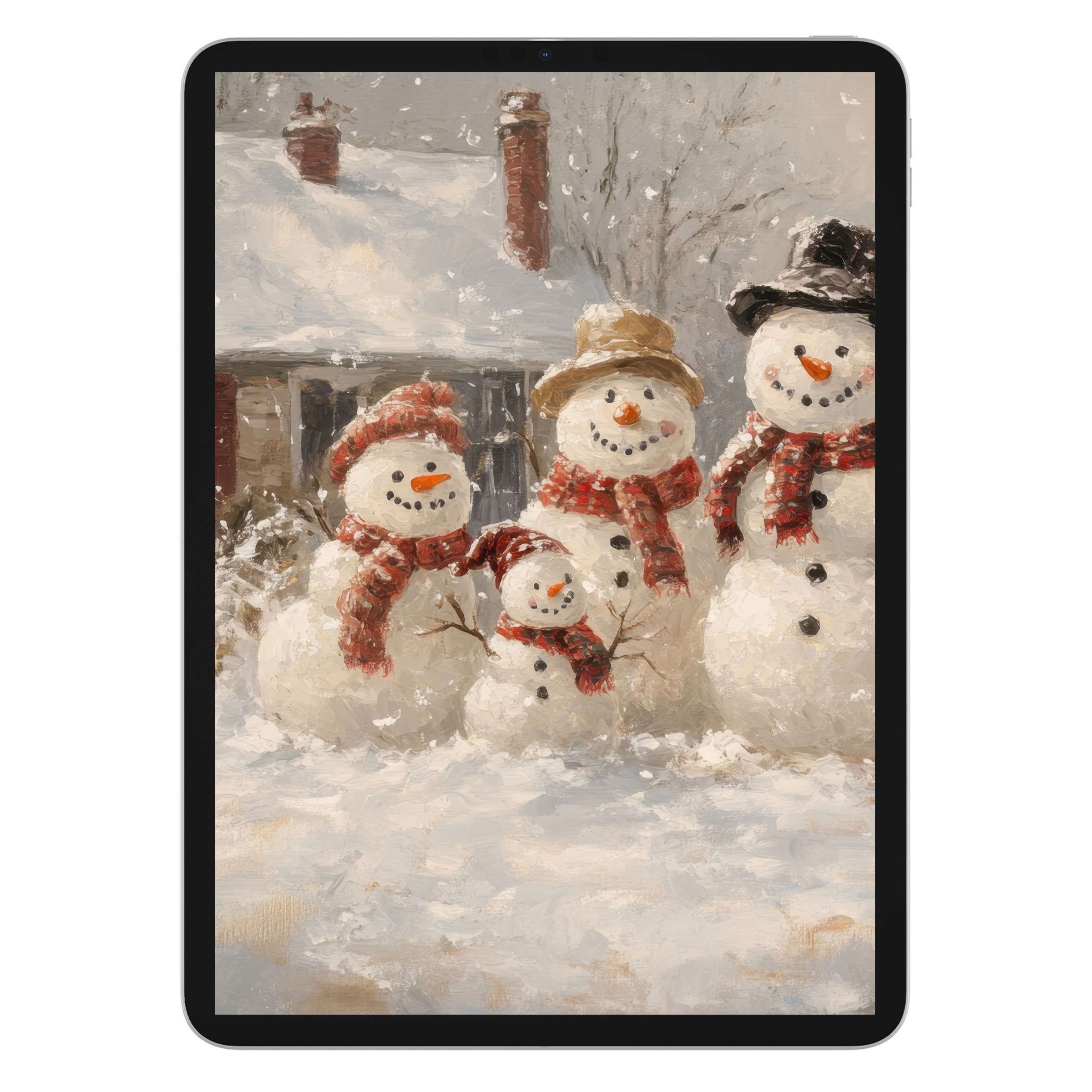 Charming christmas iPad wallpaper featuring a serene snowman family in a cozy scene, perfect digital download for tablet background elegance
