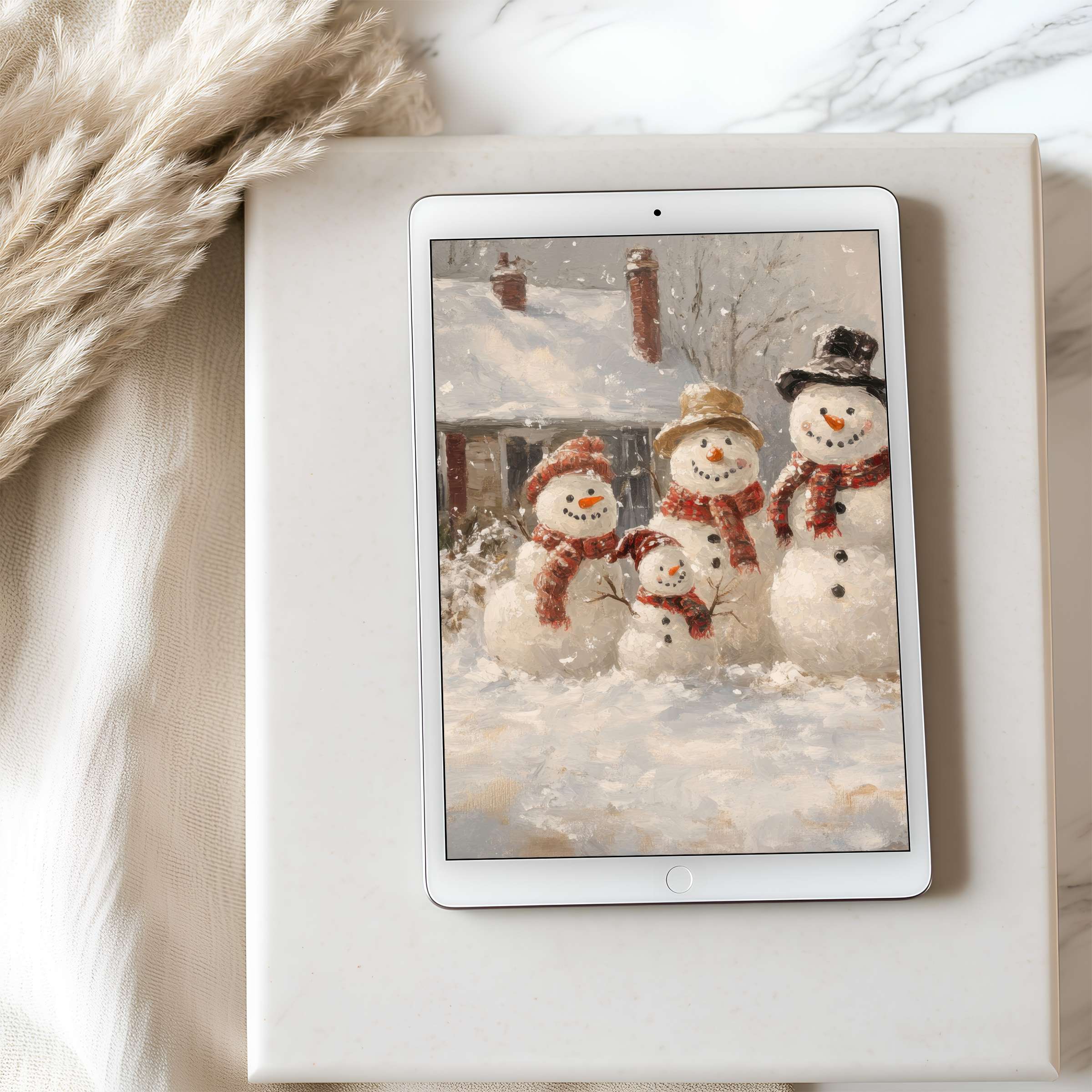 Festive snowman family art as tablet wallpaper enhances serene interiors, perfect high resolution for iPad and Android downloads