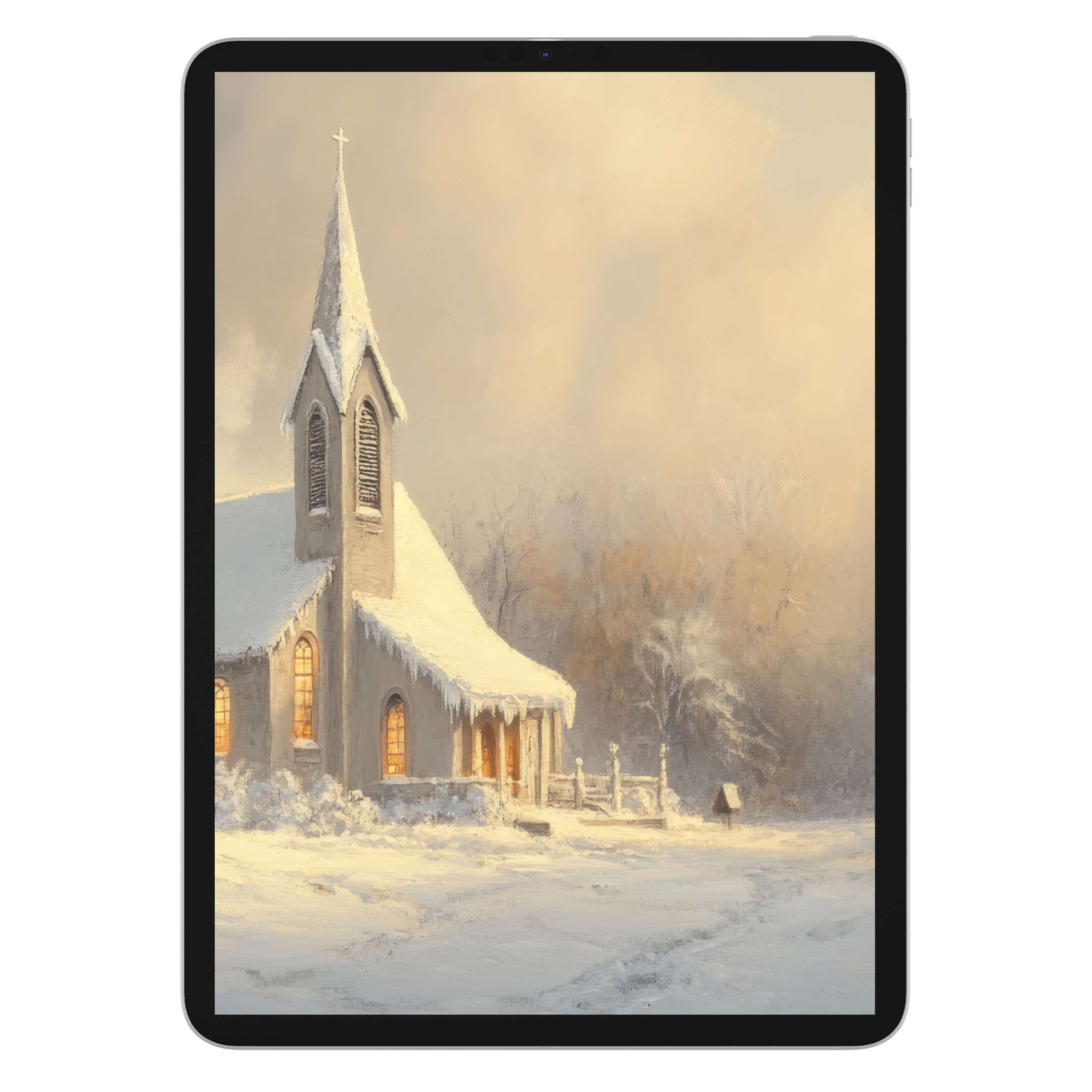 Christmas iPad wallpaper digital download features a serene, snowy church scene, perfect as a calming tablet background for all devices
