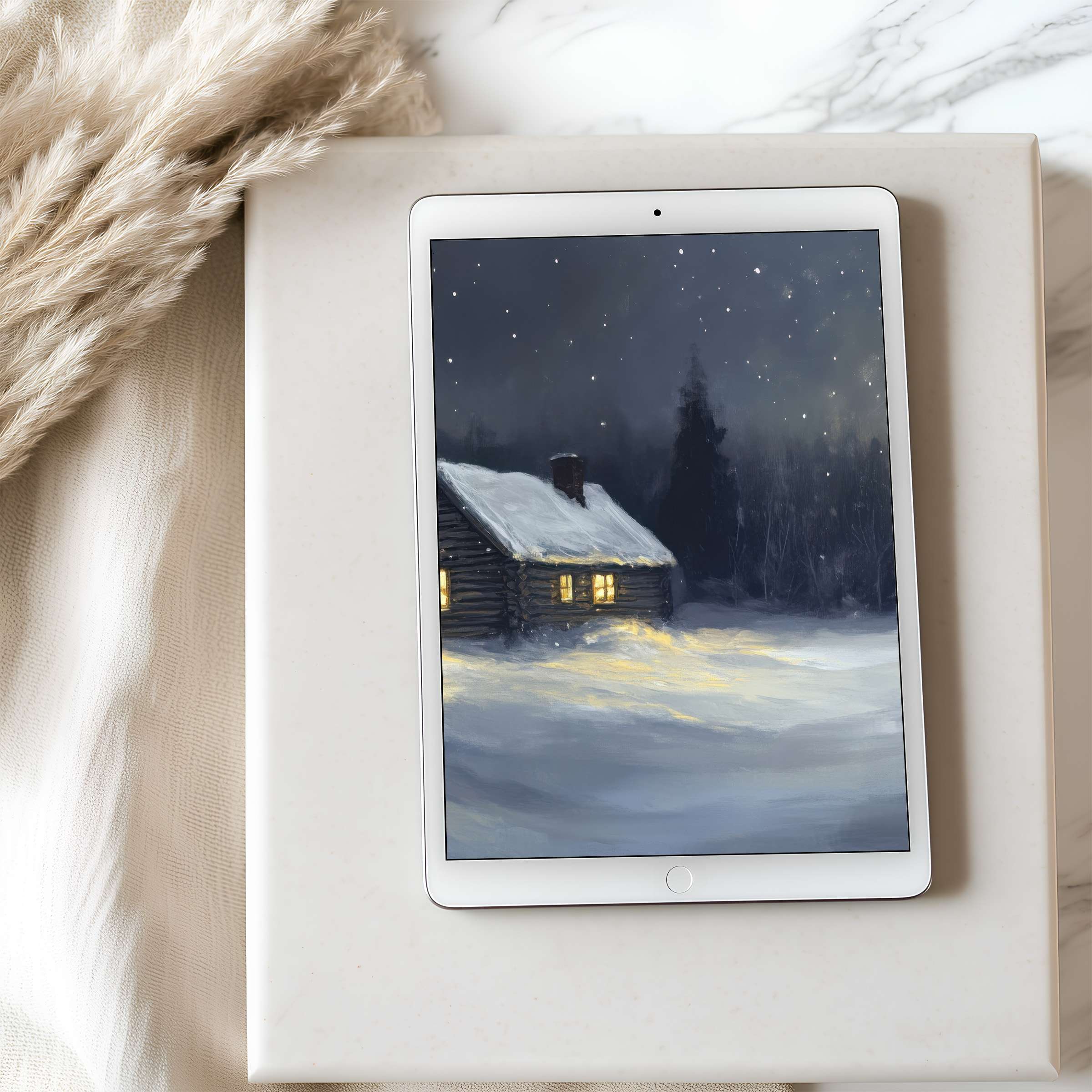 Cozy winter cabin scene as tablet wallpaper, featuring serene snowy landscape, perfect for high resolution iPad and Android download