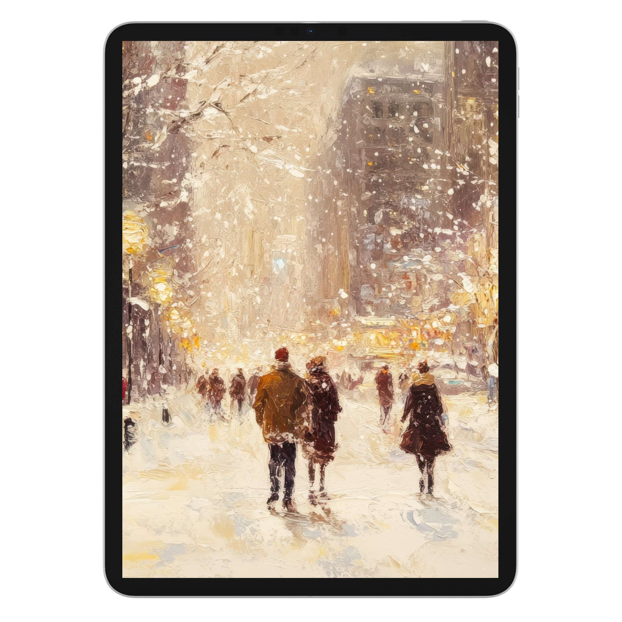 Elegant christmas iPad wallpaper for tablet, an inspiring digital download featuring snowy city background in soft, calming hues