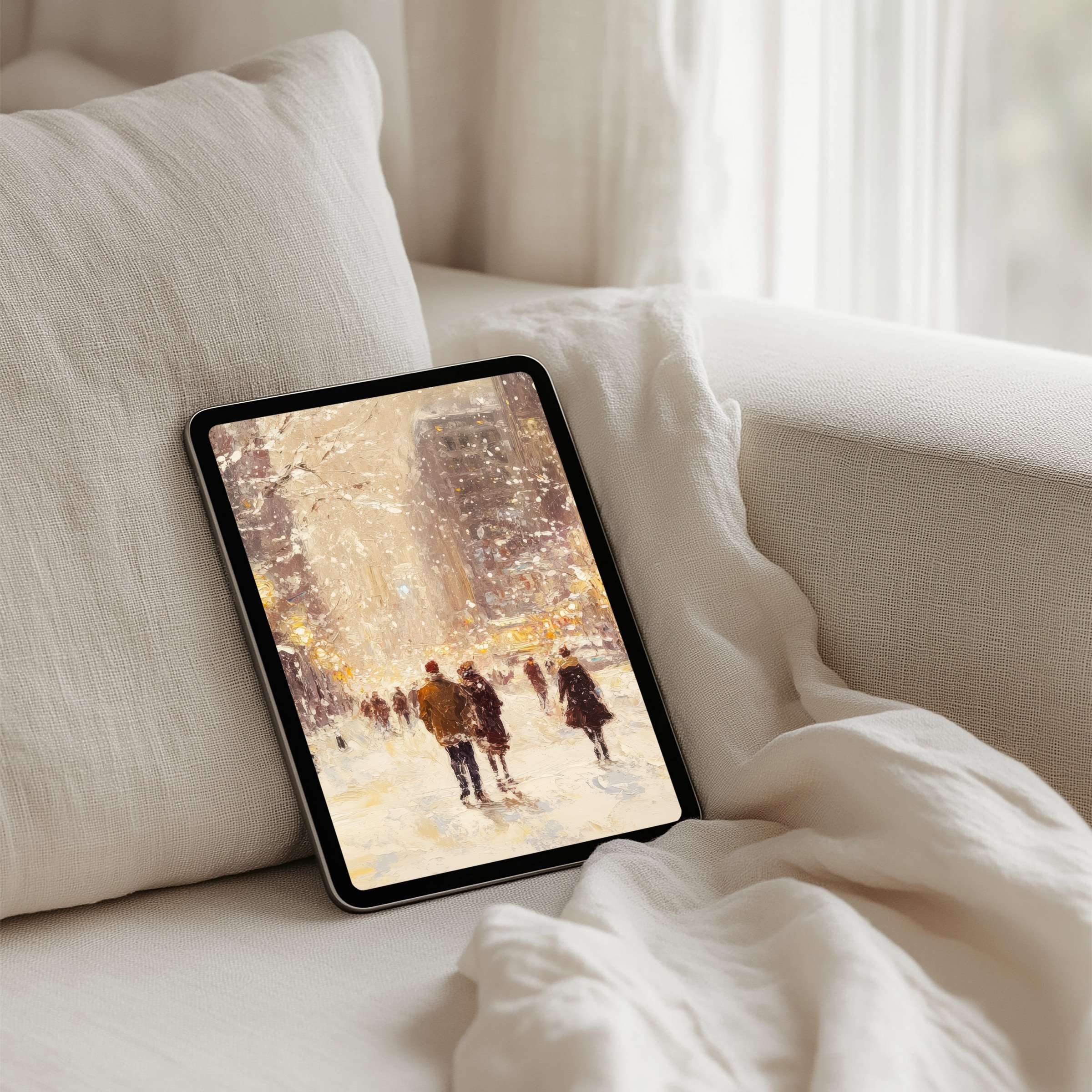Serene winter scene with elegant brushstrokes on iPad background offers instant download for tablet lovers seeking calm inspiration