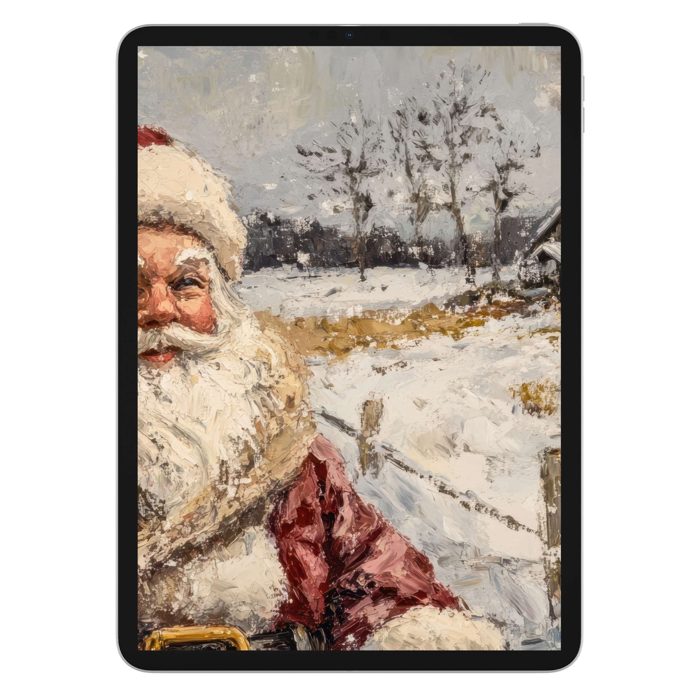 Elegant digital download of a christmas iPad wallpaper featuring a textured Santa in snow, perfect background for tablet tranquility