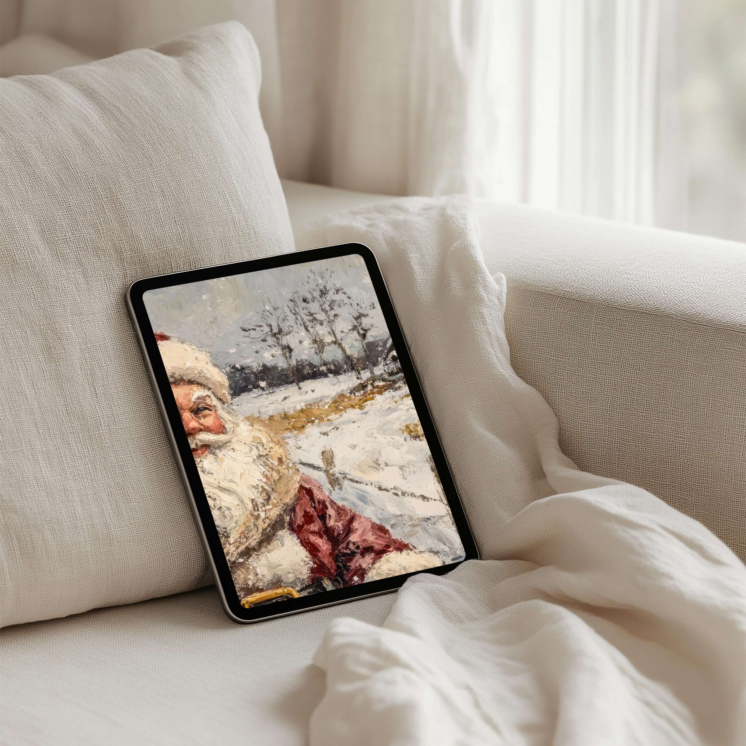 Elegant snow scene iPad background with Santa painting offers instant download for your tablet, inspiring calm and seasonal joy