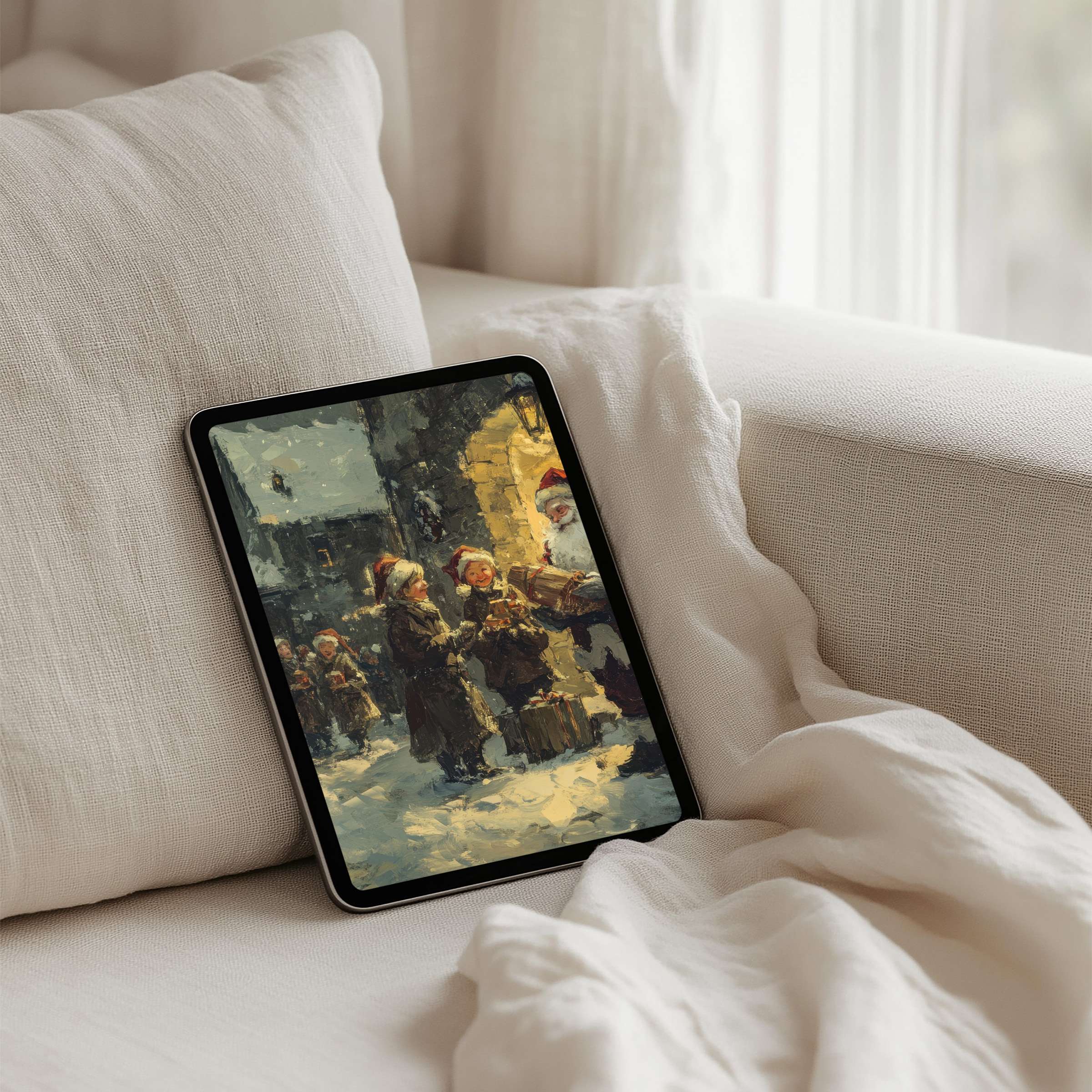 Charming seasonal iPad background featuring a cozy snow scene, perfect for instant download on any tablet, evoking calm and elegance
